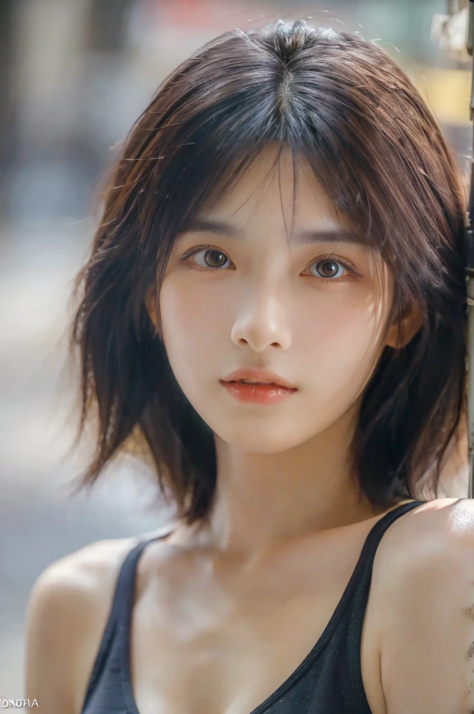 ((Best quality, 8k, Masterpiece :1.3)), Sharp focus :1.2, Perfect body beauty: 1.4, Slim abs: 1.2, ((Dark brown hair, Big breasts: 1.2)), (Natural light, City street: 1.1 ), highly detailed facial and skin textures, detailed eyes, double eyelids, (((Dynamic Angle)))