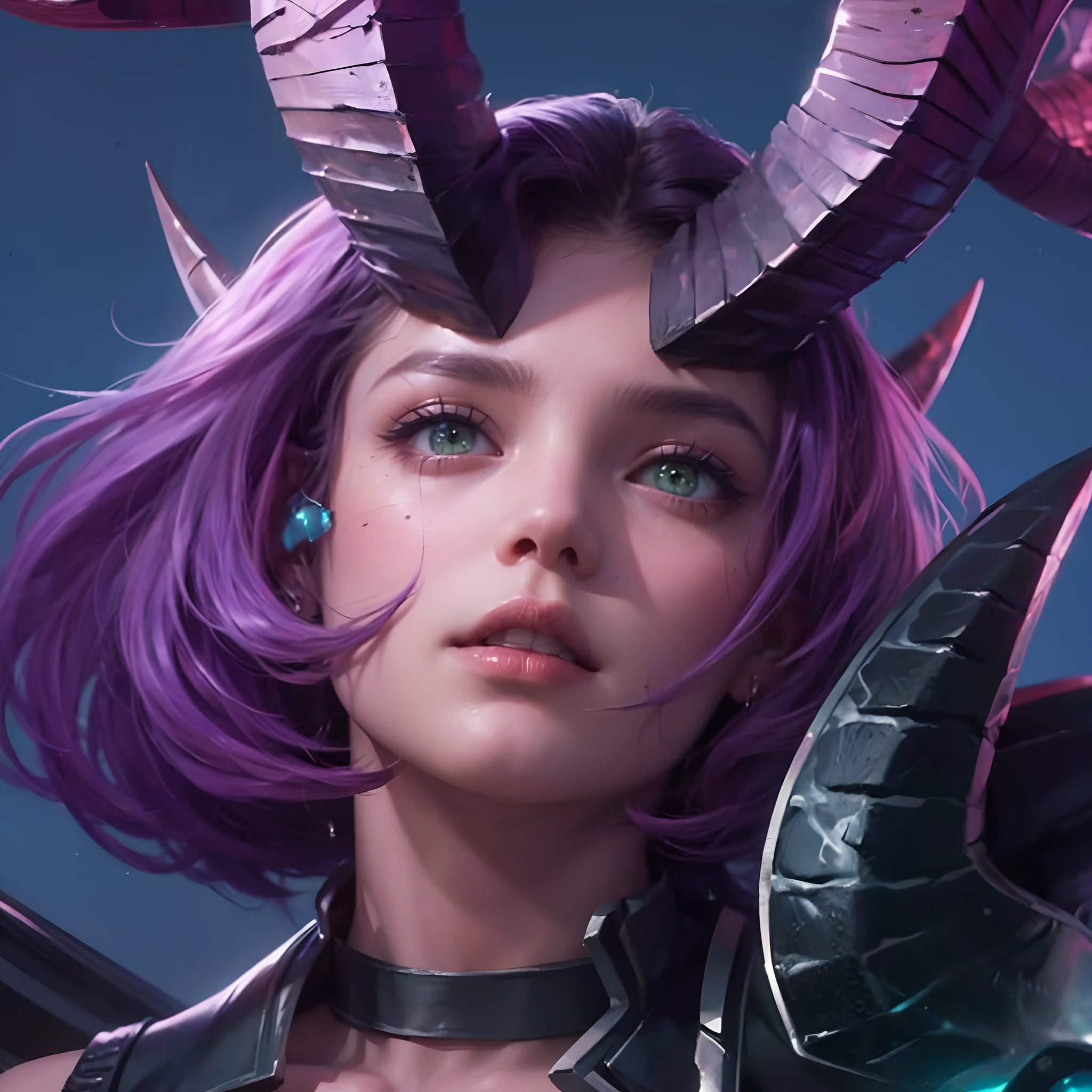 (max resolution: 1.2), (Ultra HDTV: 1.2), 8K resolution, Eye and skin details, detailed facial features, , (Sharp focus: 1.2), (Focus focus) facial expressions: 1.2), Portrait 1Girl, cool, (Short hair), Purple hair, Horned, Wearing earrings, Looking towards viewer