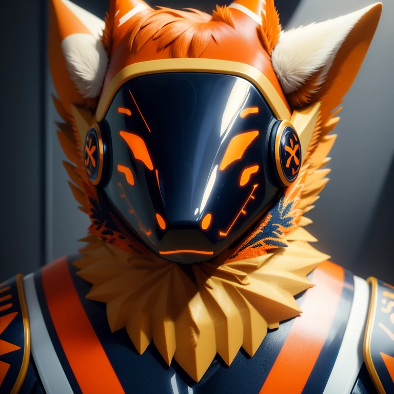 Protogen, military,military grade ceramic armor, headshot,front focus, color naranja,navy pattern decals,heavy combat