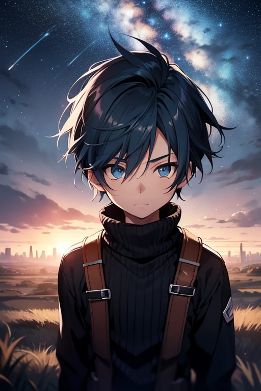 Young boy, 17 years old, Dark blue hair, Walk on the plains, Black sweater, Blue eyes, Kirito hairstyle, In the night, Stars in the sky, 4K