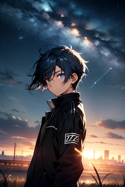 [(MOONLIGHT BACKGROUND:1.5),::5], ((((masterpiece)))), high quality, ultra very high resolution, full color, (((solo))), ((little boy)), BLACK hair, ((Blue streaked short hair)), (oriental deepblue eyes), anime style, ((upper body)), Summer clothes, black parka,