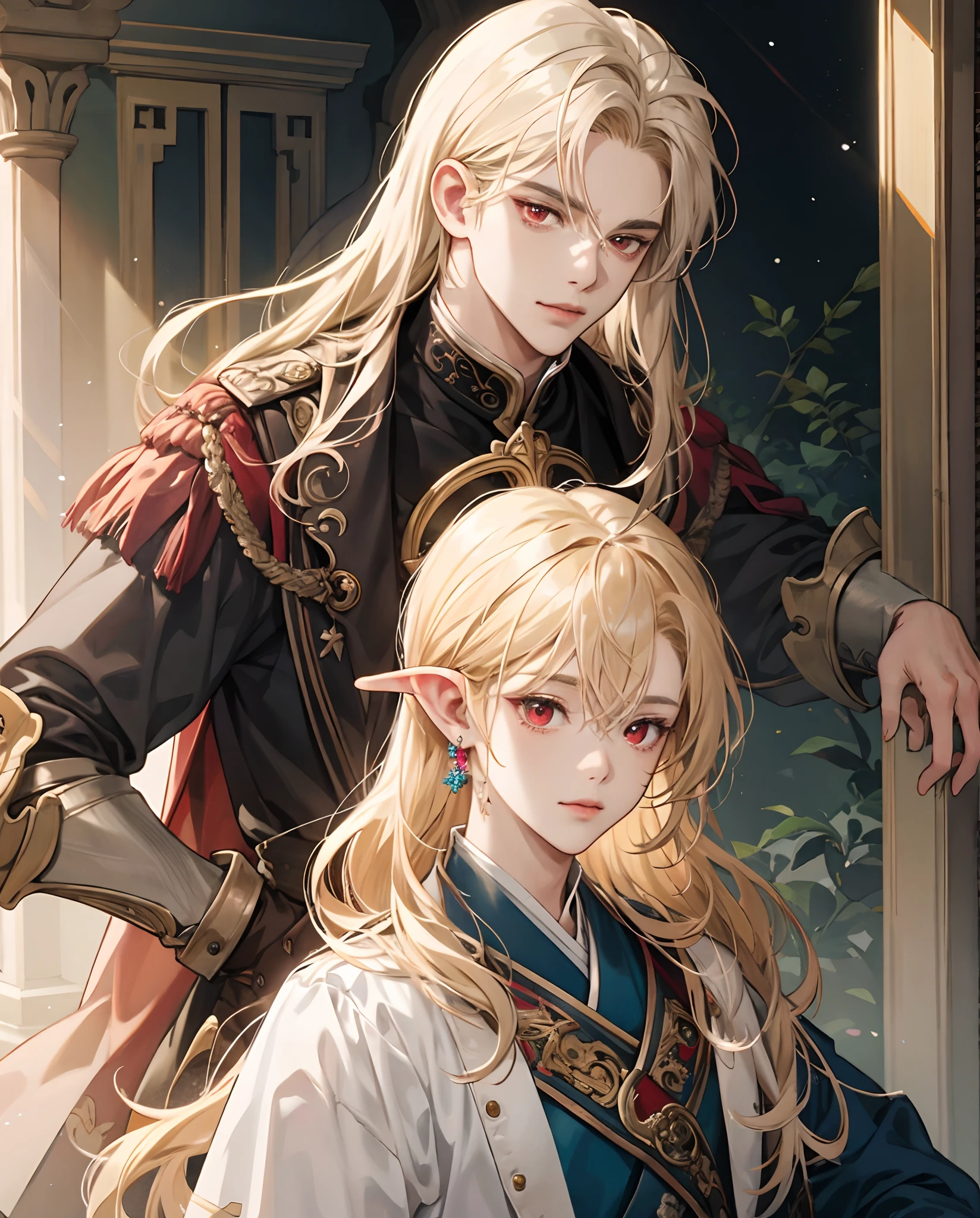 ​masterpiece、top-quality、超A high resolution、2D Bishonen、animesque、Teenage Boy、Elven ears、Golden hair、The long-haired、knights、Beautiful red eyes、The clothes are also depicted in detail、Eyes are depicted in detail、The face is depicted in detail、soio、Gentle smile、hair adornments、animesque、illustratio