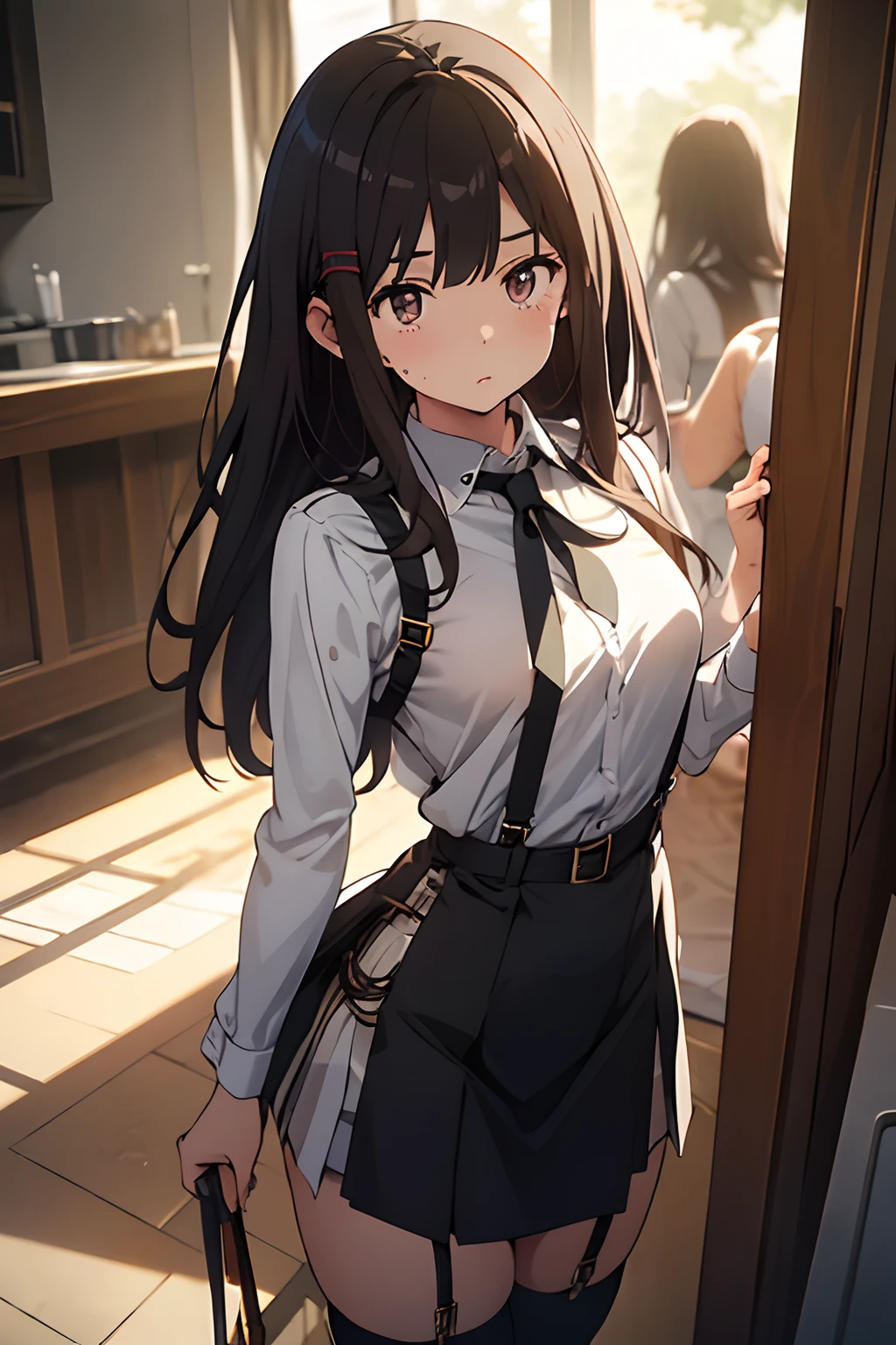 ​masterpiece、flat-colors、depth of fields、lens flare 1 girl、、Brown hair、watching at viewers　　　black suspenders　　　large full breasts　　　 　 Armpit sweat　perspiring　Side of both hands　　walls: 　Black miniskirt　garters　　　　　　Gaze　　　Small face　Bangs Upper Eyes　flank　　　　holster　　Belt Armament