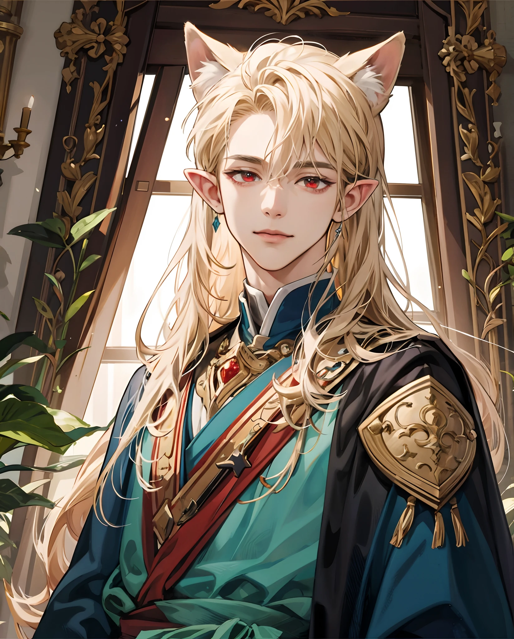 masterpiece、top-quality、超A high resolution、2D Bishonen、animesque、 Boy、Elven ears、Golden hair、The long-haired、knights、Beautiful red eyes、The clothes are also depicted in detail、Eyes are depicted in detail、The face is depicted in detail、soio、Gentle smile、hair adornments、animesque、illustratio