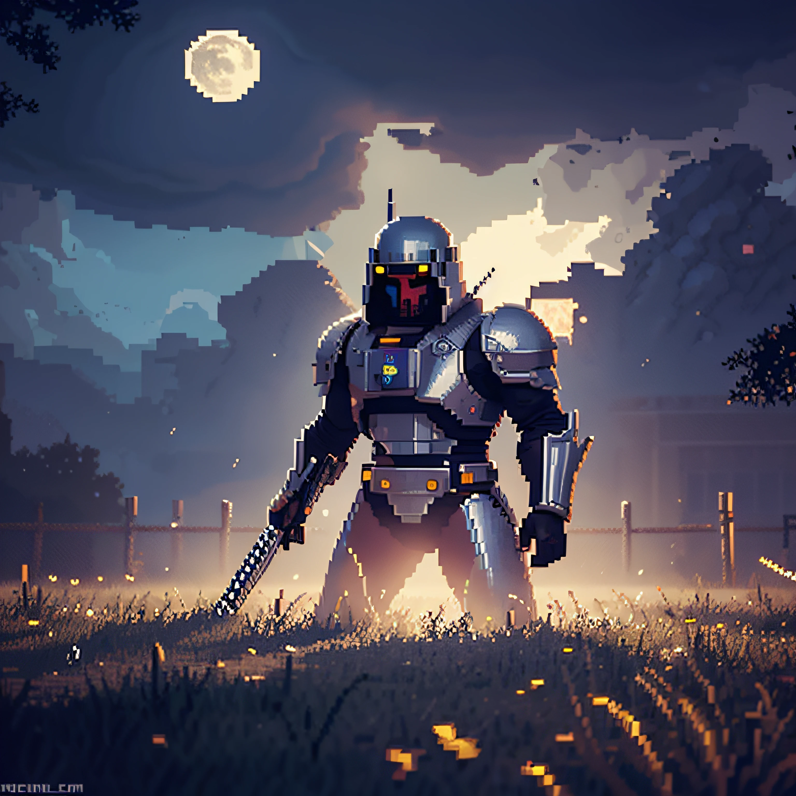 16 bit Pixel art, A Final boss human god, Middle age, Powerful, angry, brave, with black design titanium armor and helm, holding a lightsaber resting on ground, sitting alone on a cutlog, in a battlefield, after victory, sad, thunderstorm, raining, midnight, foggy atmosphere, full moon,black-violet-blue colors only, foggy atmosphere, Pixel art, Masterpiece , beautiful detailed pixel art, detailed pixel art, Lofidel retro video game,concept pixelart,detailed pixel artwork,Pixel art style,pixel town, pixel art animation, super detailed color lowpoly art,