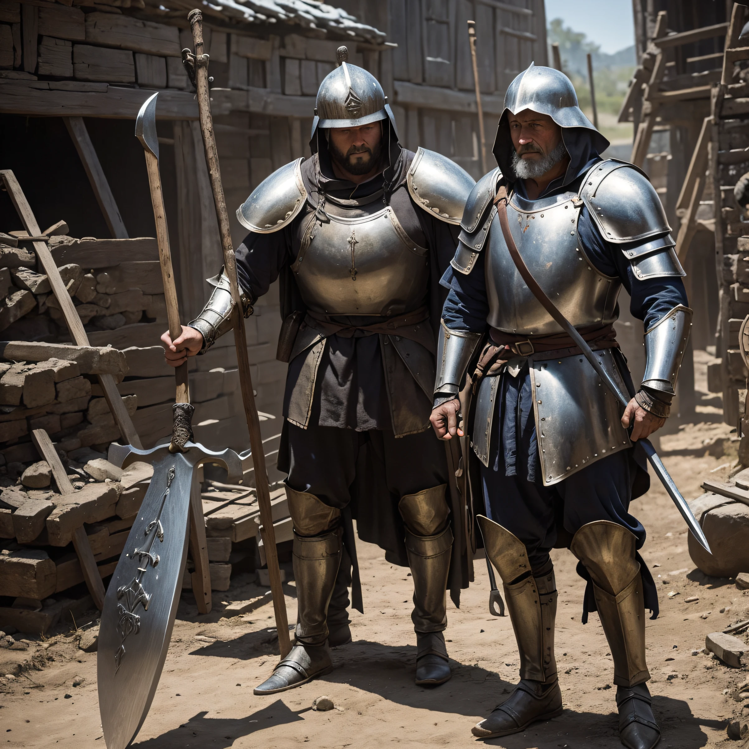 medieval war scene. with old armor, man, 30 years old, with an ax in his hand, half his body up.