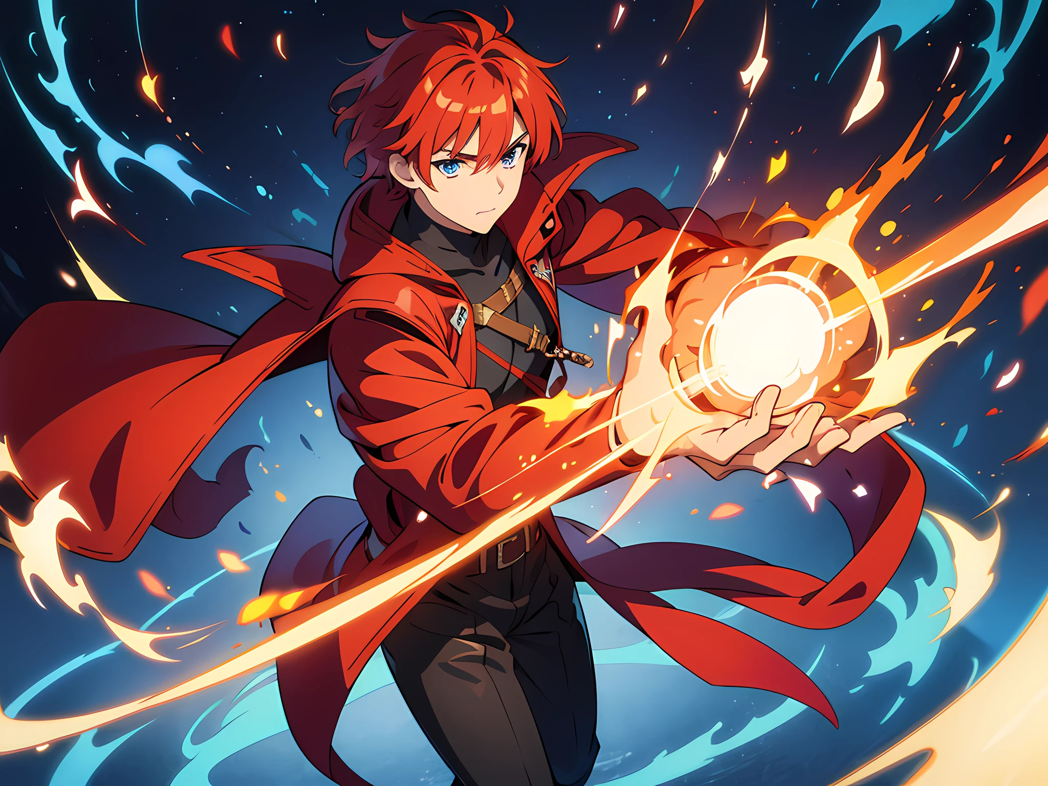 masterpiece, In a world where magic and technology exist side by side, a young man (red hair, short hair) sets out on a journey to hone their skills and uncover the secrets of their powers, beautiful eyes finely detailed. The mage must learn to harness the full potential of their abilities and unlock the true potential of magic in the modern age. full body illustration, evil facial expression, holding a sword, he hold sword with flames coming out from his sword.