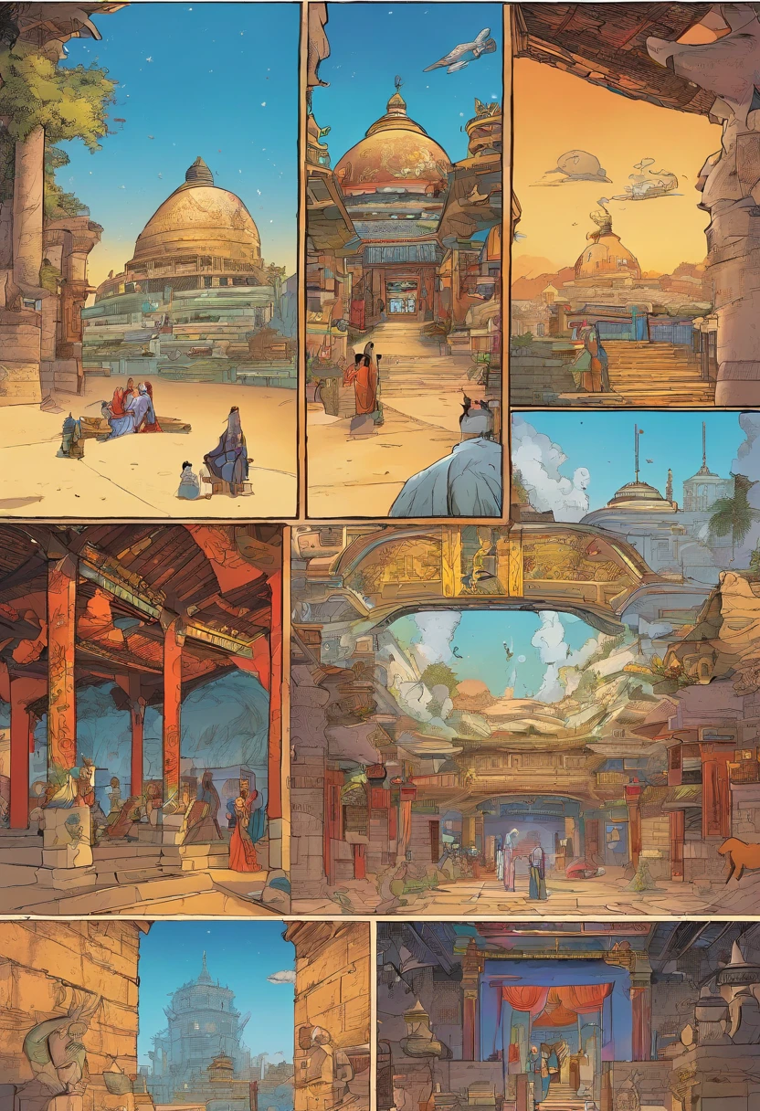 American comic, Comic Story、Displayed in multiple irregularly colored panels..ancient buildings.camel's toe.The emperor saw him off.Style is exaggerated、We pay close attention
