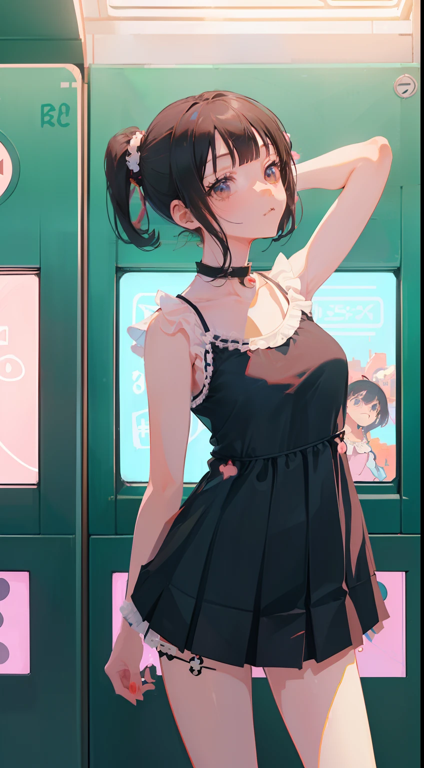 (master piece, best quality:1.37), High, ultra-detailed, ultra-sharp, break, Korean school idol, (((1girl:1.37, alone))), (cute anime face, cute face, Detailed face ), (Black Hair, Fine Hair, Short Fur, Bangs, Hime-Cut), Beautiful Cyan Eyes Detailed, Break, ((One-Piece Dress Camisole Detailed:1.5), (Box-Pleats Detailed Short Skirt:1.5)) , break, charming look, watermelon ear, detailed clothes), Light smile, closed mouth, lips apart, Pink lipstick, break, ((stand, arms behind back,:1.3, cowboy shot, from the side)) , detailed human hands, HDTV:1.2, ((detailed subway station view background:1.3)), 8 life size, slender, anime style, anime style school girl, perfect anatomy, perfect proportion, anime animation inspiration Kyoto and in image A-1, late at night, excellent lighting, bright colors, clean lines, photorealistic