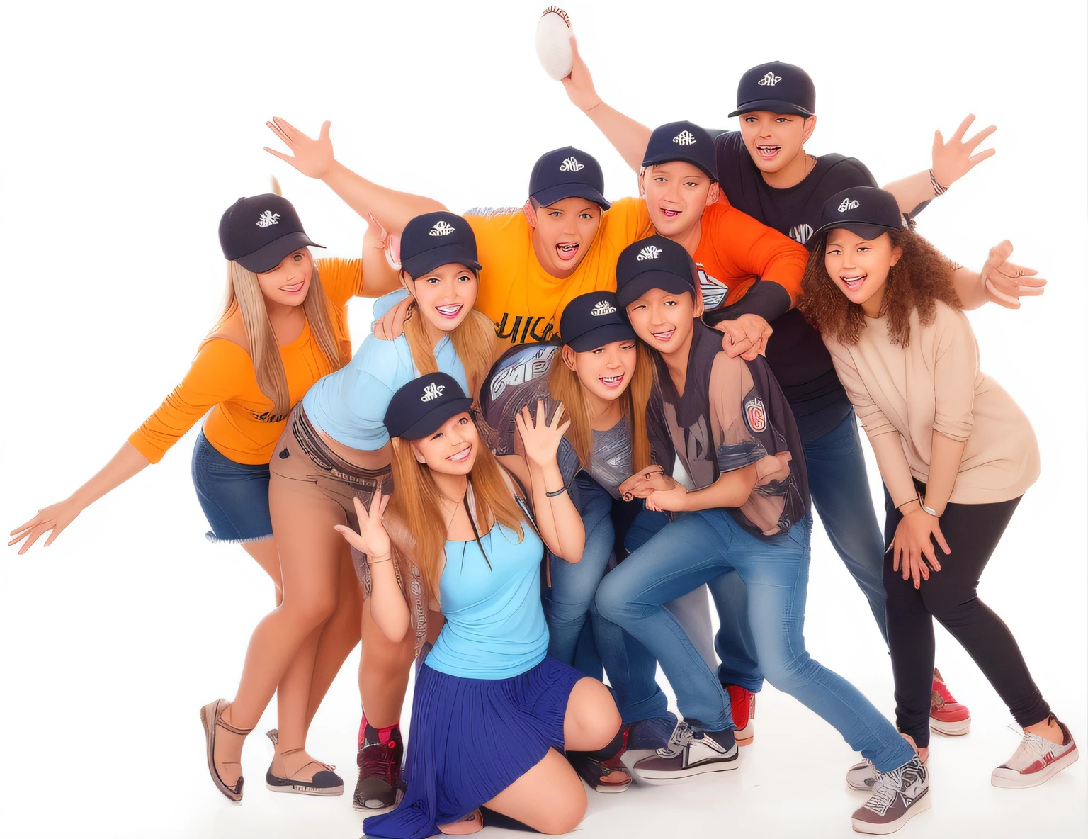 A group of young people pose for a group photo, Wearing a baseball cap, Retouch the face of the person in the image，Turn the character into 3 Asians，3 blacks，4 Caucasians