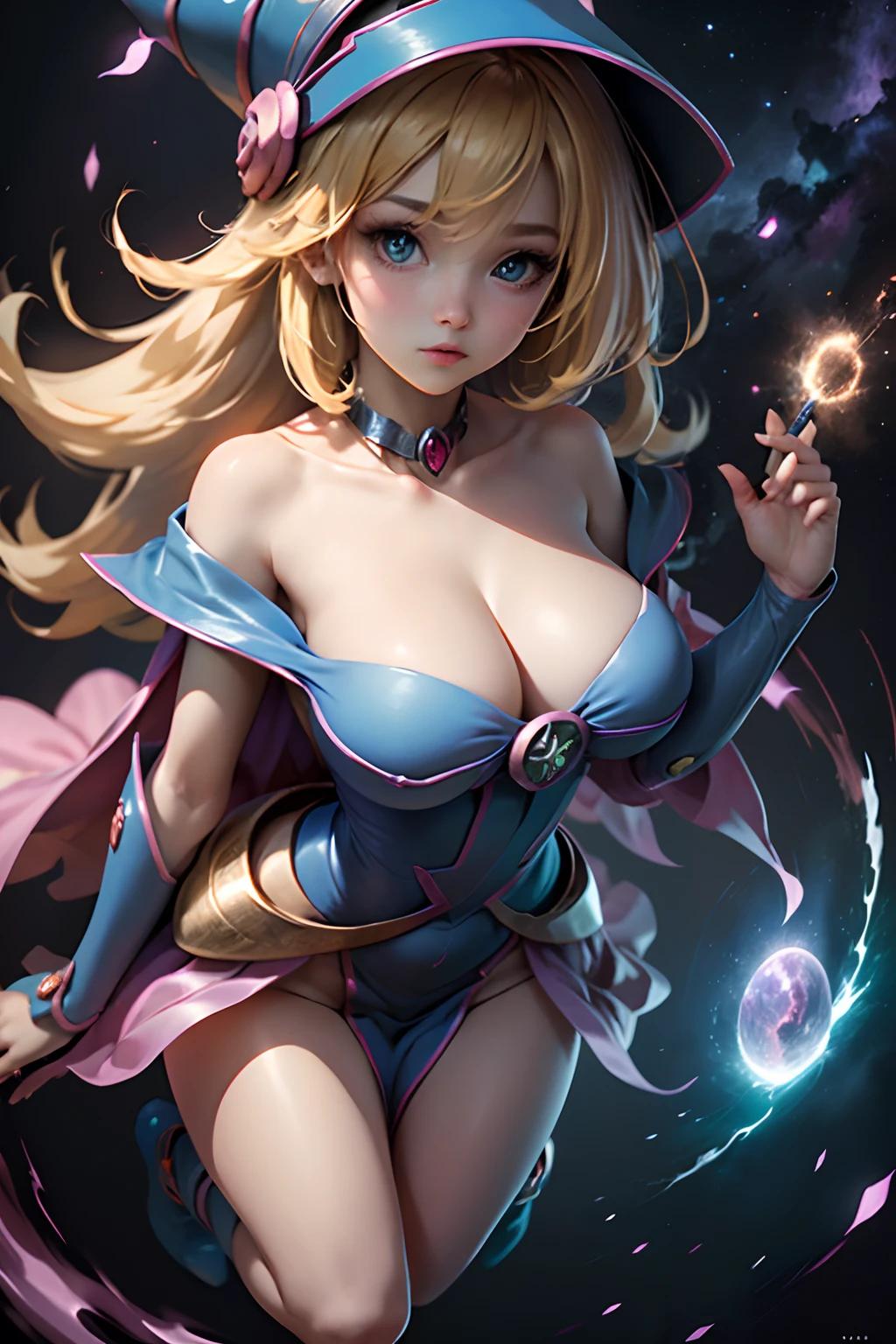 (masterpiece:1.2), (best qualtiy:1.2), (Delicate depiction)、(Top image quality)、8K,Realistic magic、Raw photo、Photoreal Stick、Perfect Lighting, The Dark Wizard Girl (casting spells: 1.3), in her 20s, (Floating in mid-air: 1.3), Medium, Transparent neckline, From above, flashes, (Hands with magical effects: 1.4 )Put magic in your hands, cosmic background、a blond、Magic at your fingertips、and draw the full body、Draw from the front、((((kawaii))))