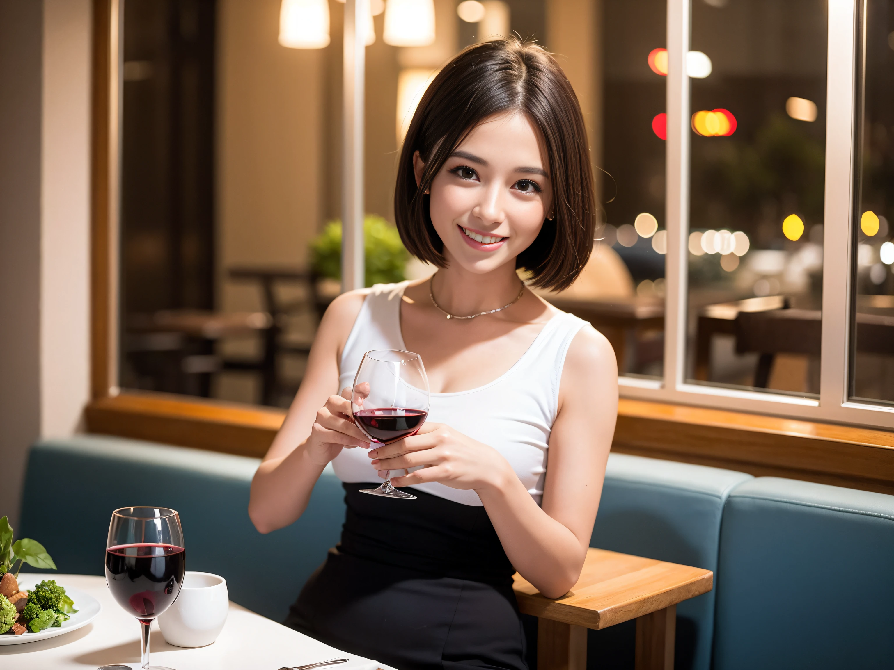 (64K, UHD, top quality, masterpiece: 1.2), (realistic, photorealistic: 1.37), super detailed, pretty woman 1 person, (slim face), (slim body), (brown hair), (short cut), cheeks slightly blushing, (44 years old), 38 years old, solo, beautiful detailed urban night view outside the window, restaurant, wine glasses sit, at night, in a prominent placeNovaFrogStyle, Actress, Model, Waist Up, White Wine, Slim, Wine Glass, Super Clean Night View, Wine Glass Put in the Middle, Happy Smile, (Smile: 1.15), Beautiful Fine Eyes, Upper Body, Bust Japan Up, Night, Short, Short, Actress, Model, Waist Up, White Wine, Slim, Wine Glass, Super Clean Night View, Wine Glass Put in the Middle, Happy Smile,