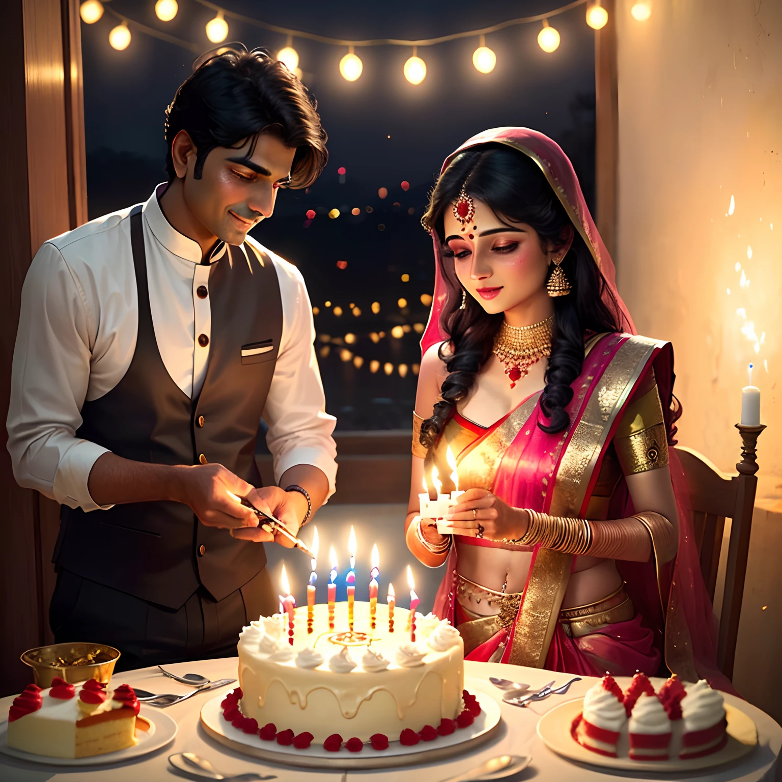 Indian couple blowing out candles on an anniversary cake