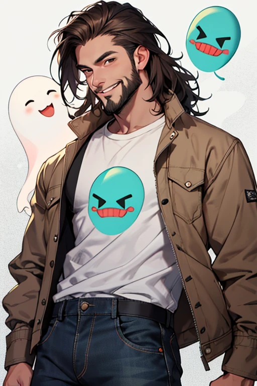 A young man of 19 years old, long brown hair, brown eyes, angular jaw, short shaven beard, tall and lean body, cute and innocent look, adorable face and serious gaze, wearing black tshirt and denim jacket, grinning expression, modern clothes, there is a cute friendly ghost behind him
