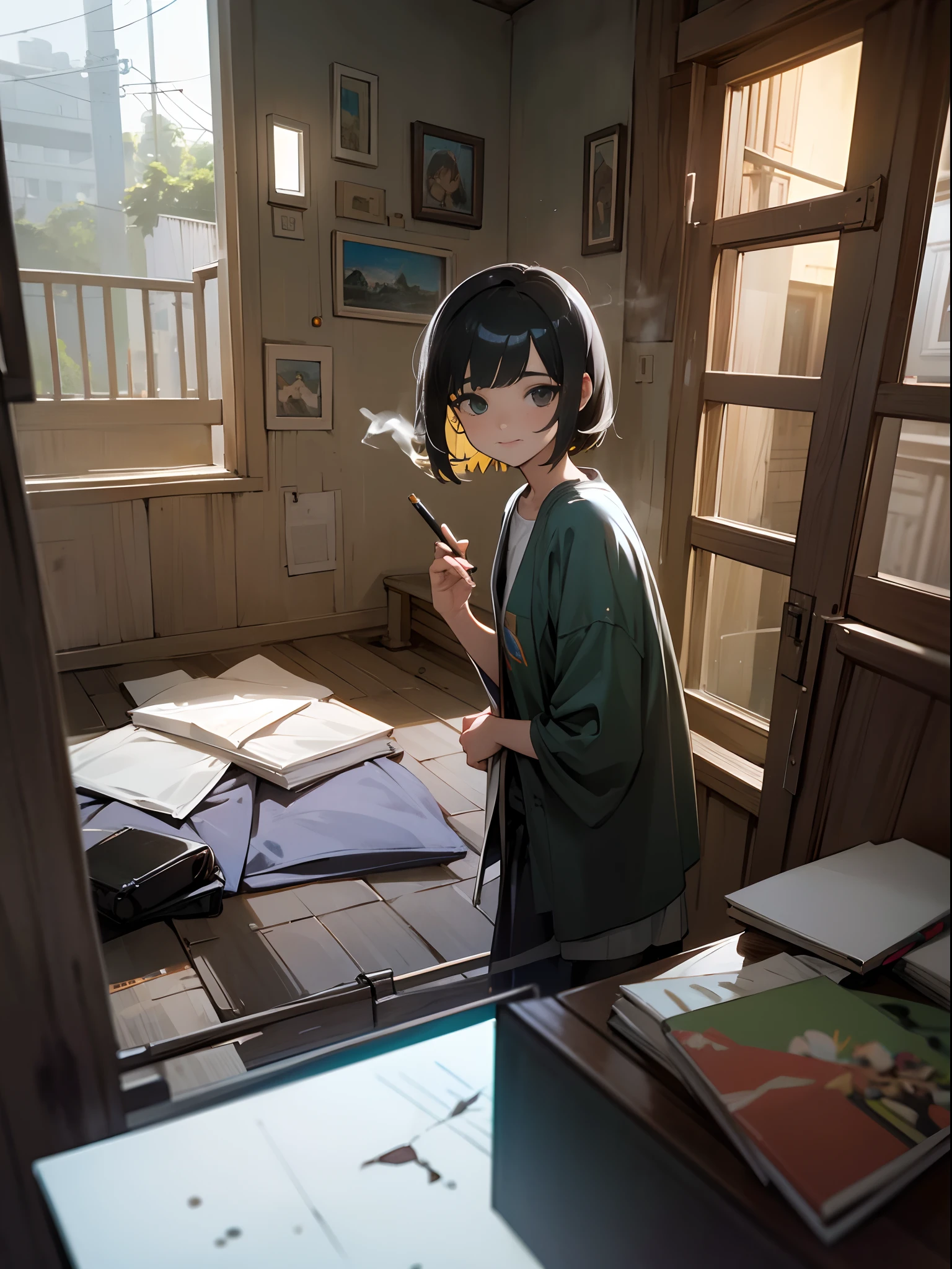 Realistic Picture Realistic Photo Best Possible Picture, noite janela aberta e podemos ver a lua, It's night and it's raining heavily, The bedroom window is open, Dentro de um simples, messy room, no canto da parede, Mulher morena, nu, , 30 anos, short hair, cabelo preto muito curto, extreme small tits Ela tem seios muito pequenos , pubiano peludo, she's smoking a cigarette, Ela olha para a chuva pela janela aberta do quarto, aparece de corpo inteiro, A sala tem prateleiras com livros, A laptop turned on with music playing, clothes thrown on the floor