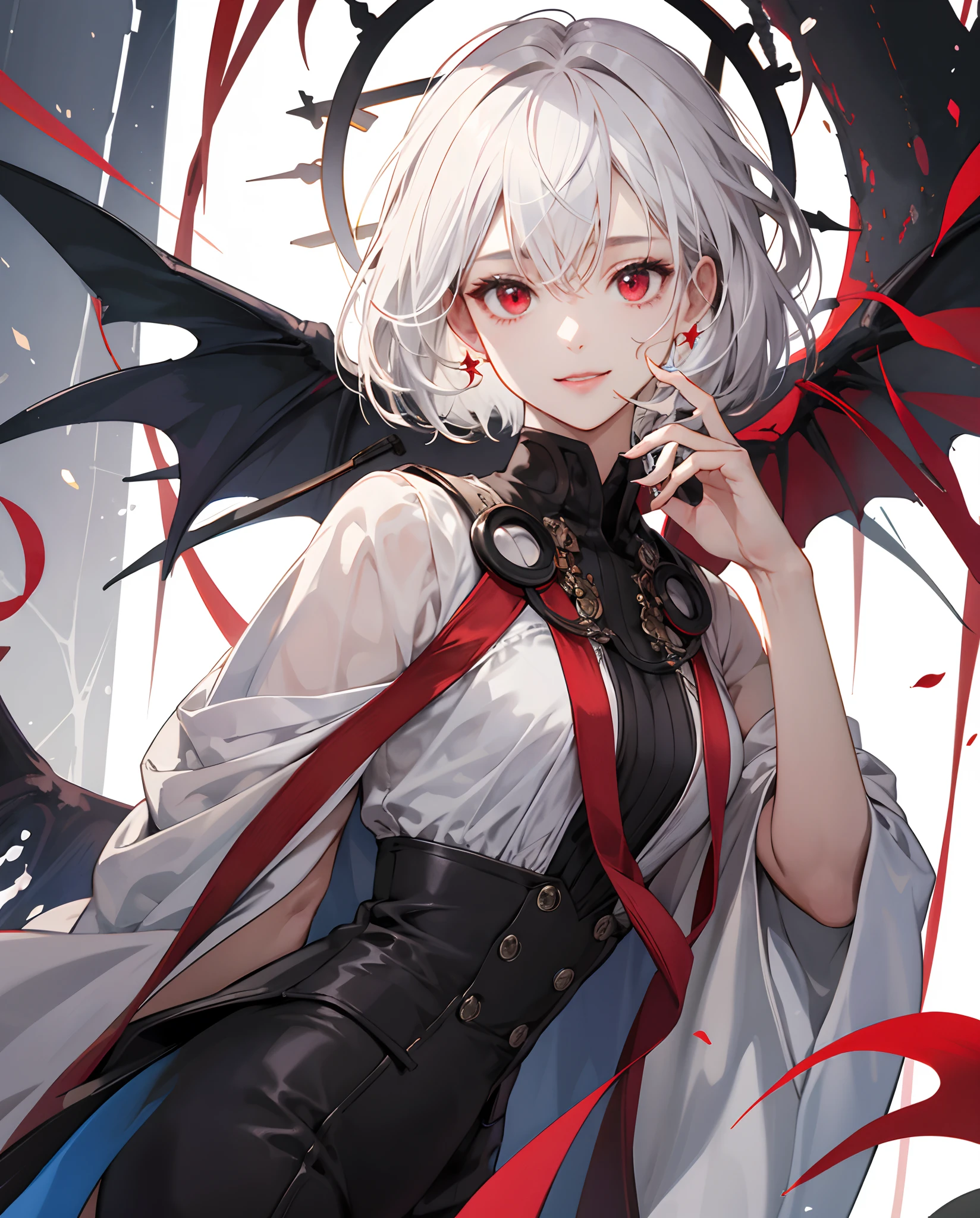 masterpiece、top-quality、超A high resolution、2D Beautiful Girl、animesque、teens girl、White hair、short-haired、Demon-like figure、Beautiful red eyes、The clothes are also depicted in detail、Eyes are depicted in detail、The face is depicted in detail、sorcerer、soio、Gentle smile、hair adornments、animesque、illustratio