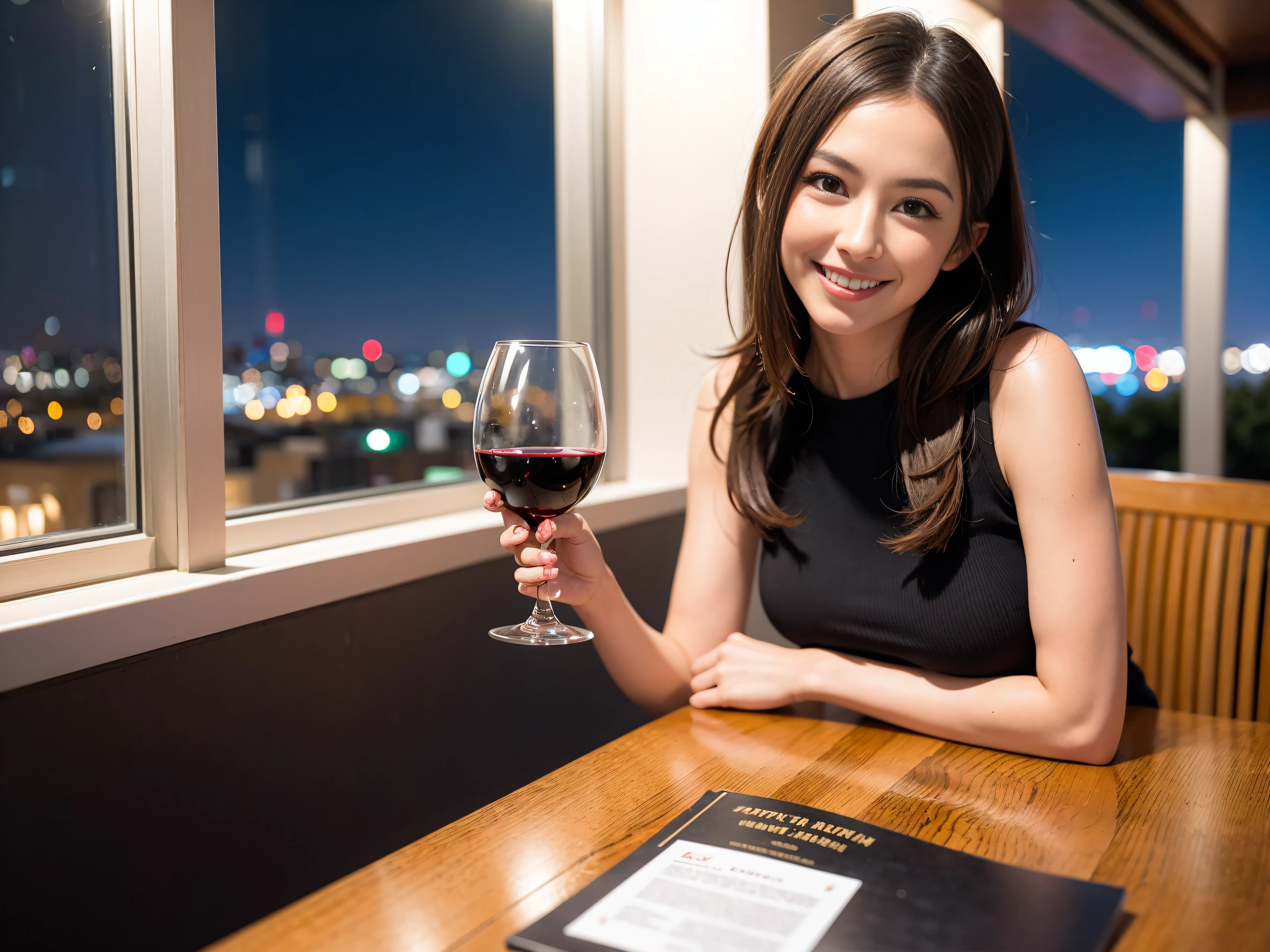 (64K, UHD, top quality, masterpiece: 1.2), (realistic, photorealistic: 1.37), super detailed, pretty woman 1 person, (slim face), (slim body), (brown hair), (short cut), cheeks slightly blushing, (44 years old), 38 years old, solo, beautiful detailed urban night view outside the window, restaurant, wine glasses sit, at night, in a prominent placeNovaFrogStyle, Actress, Model, Waist Up, White Wine, Slim, Wine Glass, Super Clean Night View, Wine Glass Put in the Middle, Happy Smile, (Smile: 1.15), Beautiful Fine Eyes, Upper Body, Bust Japan Up, Night, Short, Short, Actress, Model, Waist Up, White Wine, Slim, Wine Glass, Super Clean Night View, Wine Glass Put in the Middle, Happy Smile,