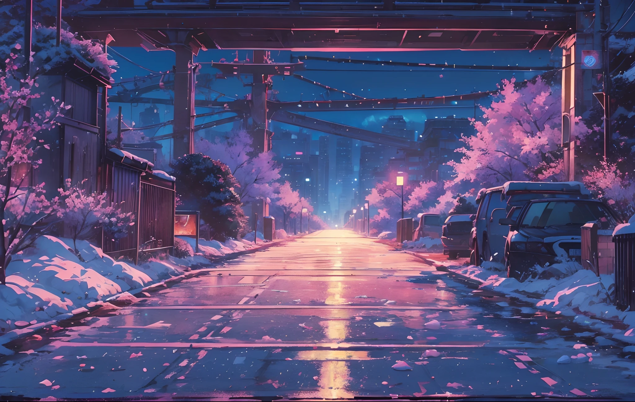 masterpiece, concept art, wide shot, panoramic, (a wall street full of graffiti at night with a bridge in the distance), (winter), snowy, a detailed matte painting, by Makoto Shinkai, widescreen shot, driveway, sakura trees-lined path, miyazaki's animated film, endless night, sakura trees along street, art for the film in color, detailed digital anime art, (epic composition, epic proportion), HD