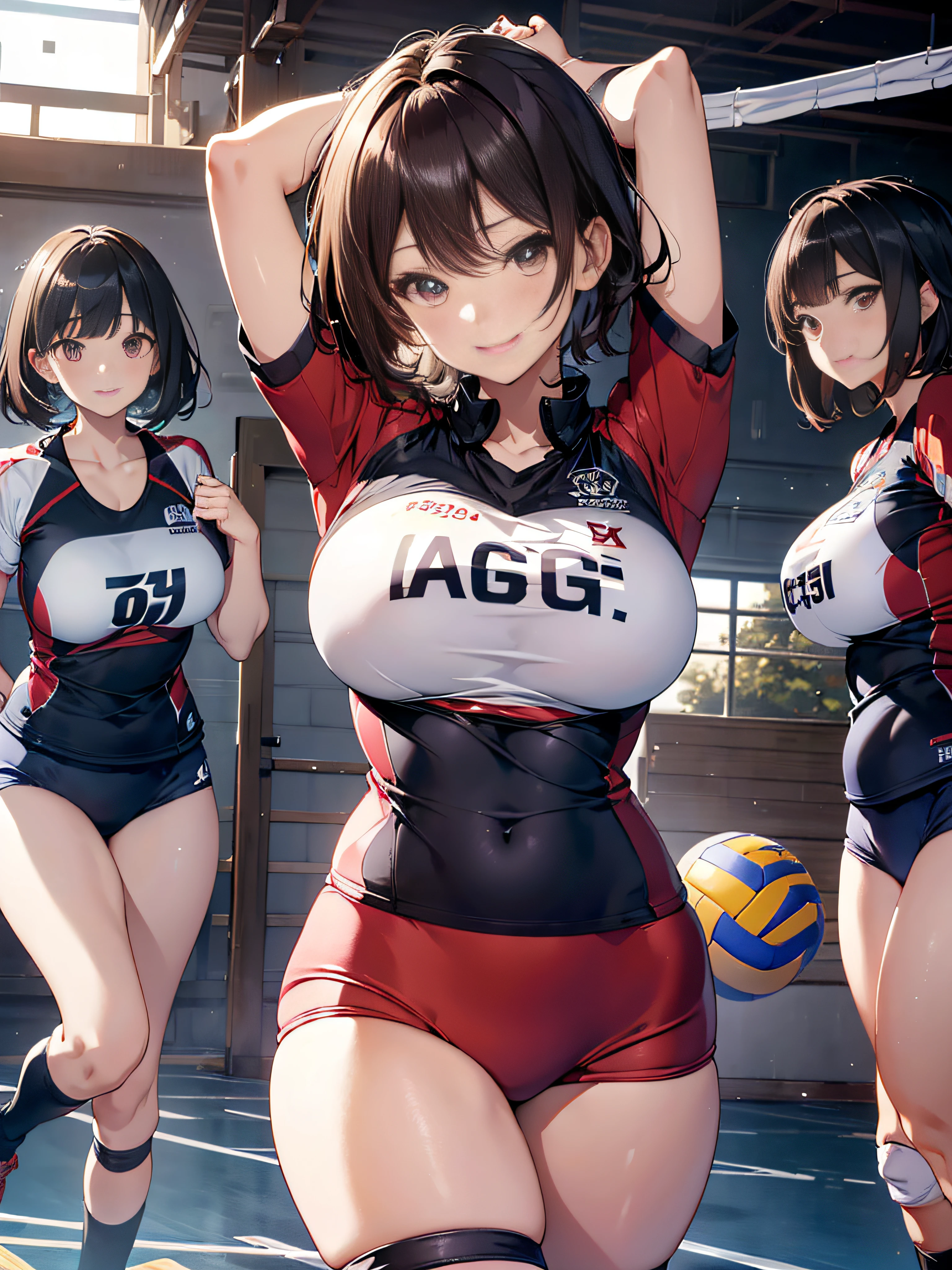 masutepiece、Best Quality、ultra-detailliert、hight resolution、8K Wallpapers、Perfect dynamic composition,、Beautiful detailed eyes、(Volleyball uniform:1.3)、Dark brown wavy hair、Shorthair、(Beautiful Large Breasts:1.3)、Natural Color Lip、Bold sexy poses、cute smile face、20 years girl、Sexy shot looking at camera、Gymnasium、Volleyball Court