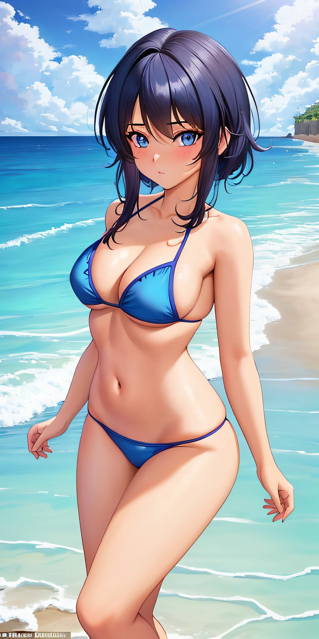 professional: step by step, final result god level: "Videl, solo 1girl, cowboy shot, full body, cute symmetrical face, realistic woman, Highly Detailed, Masterpiece, Best Quality, spiked hair, Looking at viewer, blue eyes, 15% dark blue mini bikini, Beach, intricate details"