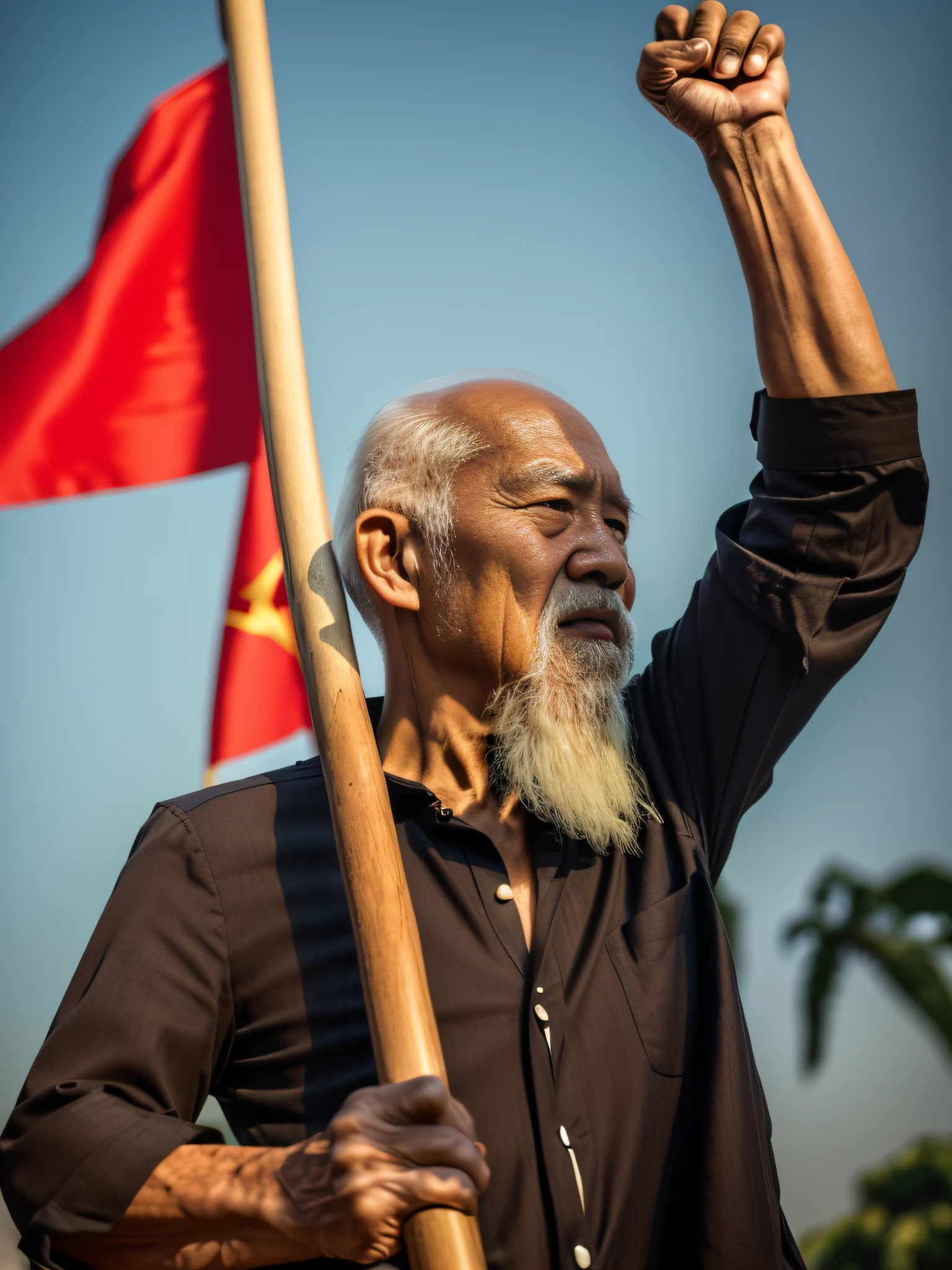 ((masterpiece), (best quality), (raw photo), (photorealistic:1.4), Highly realistic photo, Portrait photo of a 85-year-old Vietnamese old man), Bald HAIR, long white beard, (wearing a black round neck shirt ), holding a flagpolethe, red flag ,The sunshine, photo taken in 1975 by Fujifilm XT3