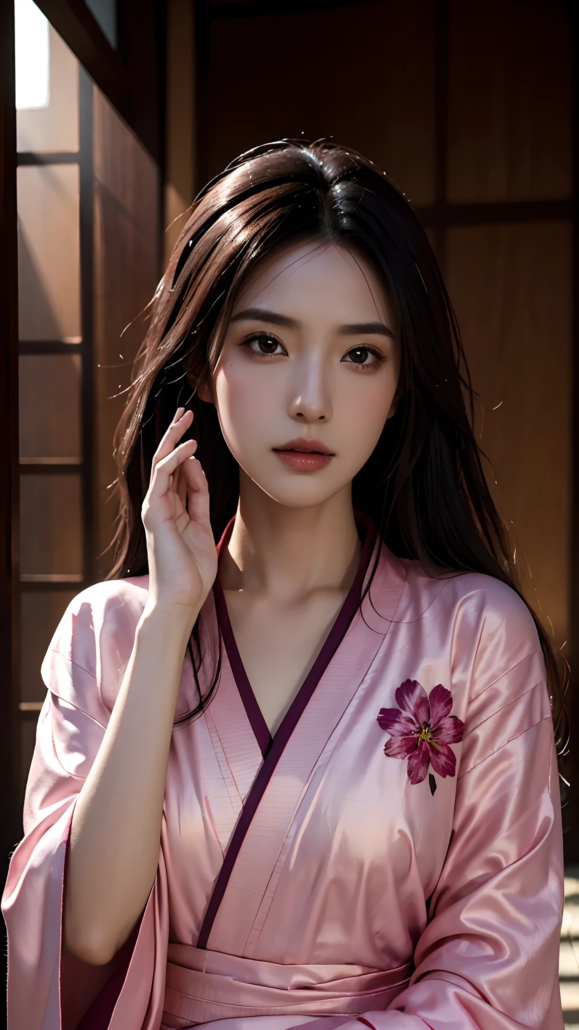 only 1woman, hand on face pose, top quality, long hair, Japanese castle, attractive pose, detailed eyes, Realistic, pink kimono with flower design, dramatic light, eye highlights, dark, deep shadows, origen, freedom, high res, photorealistic