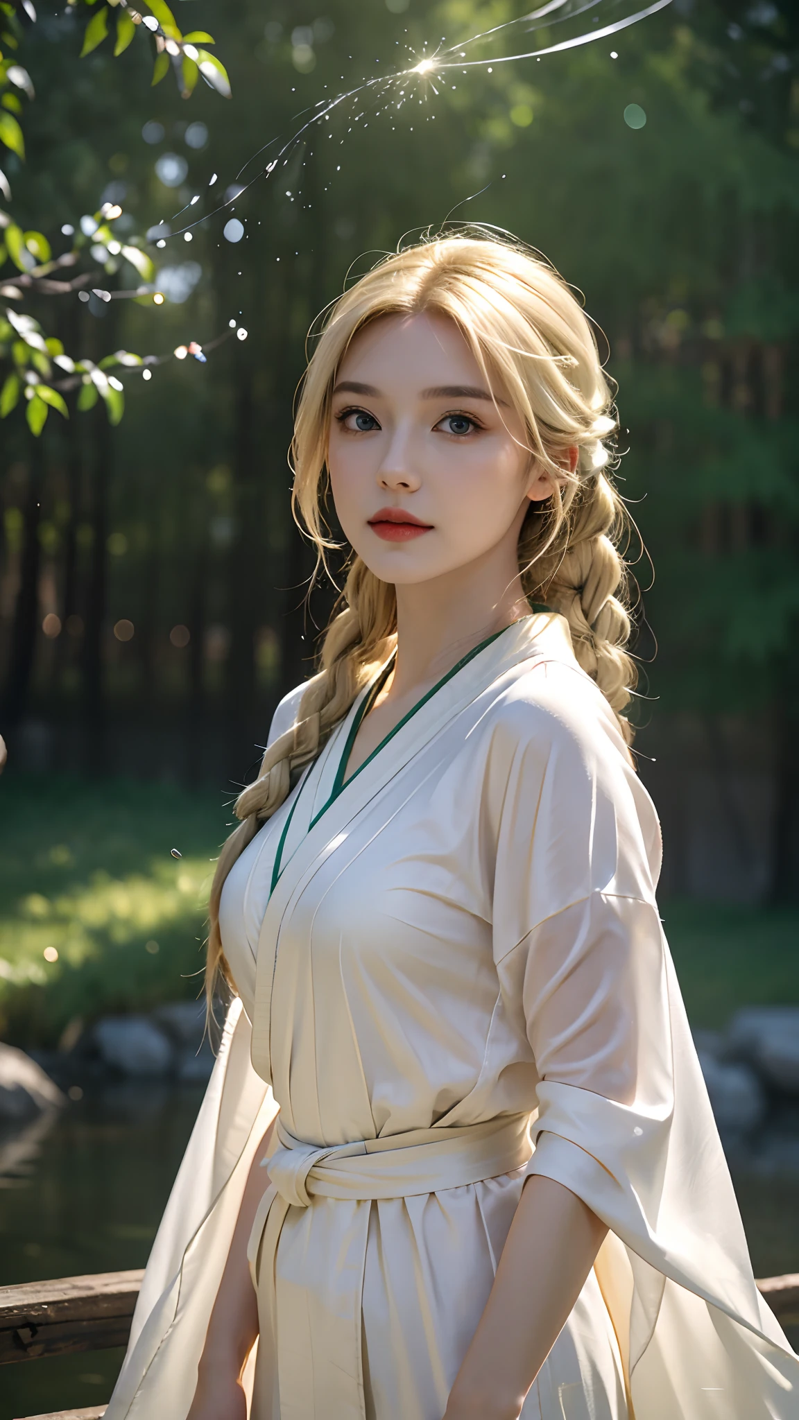(8k, RAW photo, best quality, masterpiece:1.2), (realistic, photo-realistic:1.37), ultra-detailed, (high detailed skin:1.2), 8k uhd, dslr, soft lighting, high quality, film grain, Fujifilm XT3, professional lighting, photon mapping, radiosity, white robes moving in the wind, long white hair, fully clothed, perfect face, handsome, concept art, detailed face and body, award-winning photography, detailed face, backlight, ultrarealistic, ray tracing, intense gaze, looking at viewer, cinematic lighting, embers, fantasy, action pose, water splash, mist , RAW photo, 8k uhd, film grain,