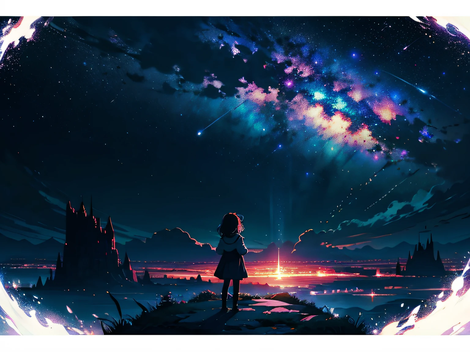 4K Landscape, Beautiful stars on the background, Looks like a dream, A sky that looks very beautiful, Hyper-Resolution, Perfect Lighting, Dark space, space photo, Extremely beautiful, Fantasy World, Little girl staring at the sky, dark ambiance, Perfect color grading, Planet in the Sky, Worlds collide