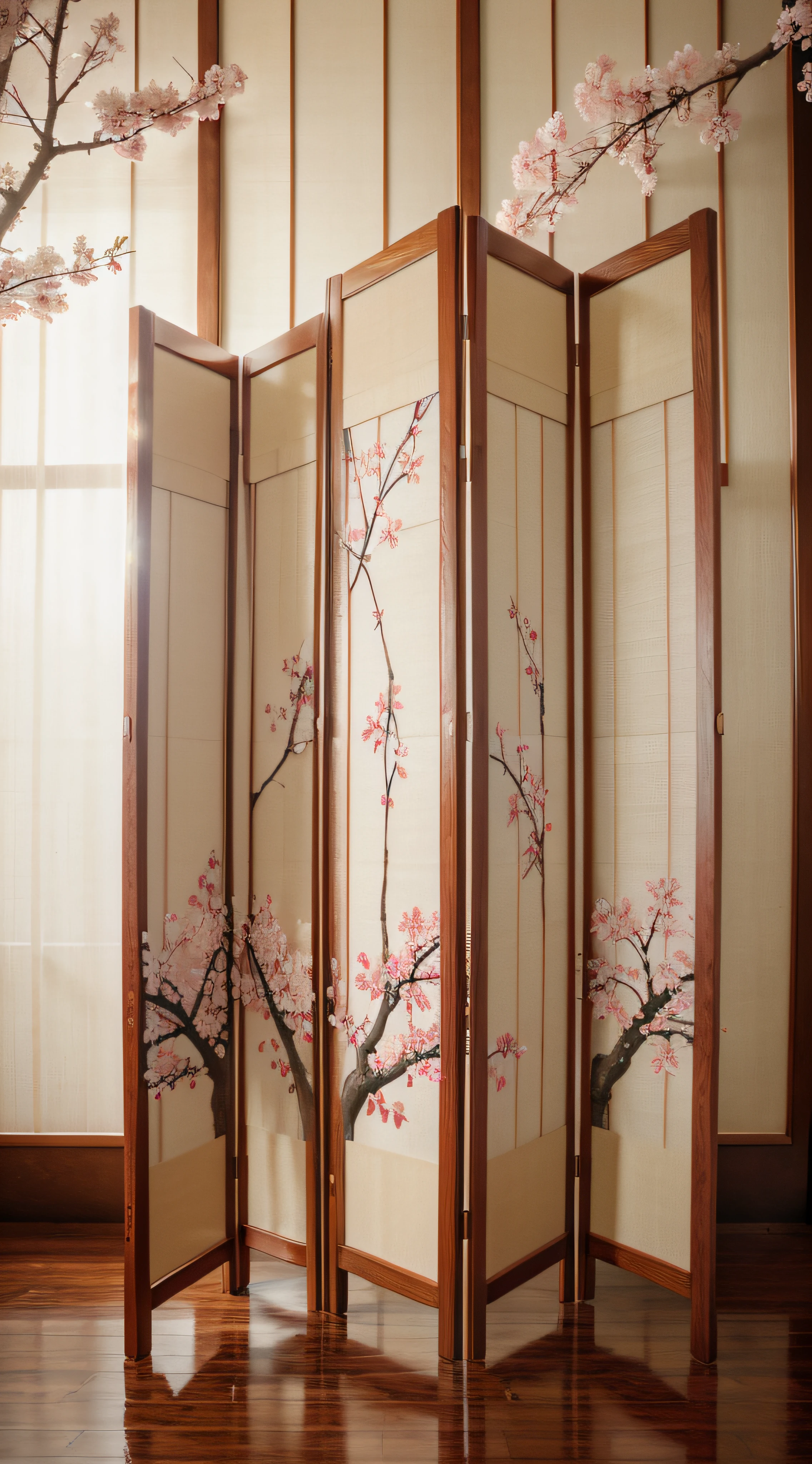 Folding folding screen representing a cherry tree of Japan, the scultée frame of cherry blossom of Japan overflows on the tapestry united. HDR, ultra realistic, sharp detail, high resolution, ultra detailed, 16K, bright colors, bokeh.