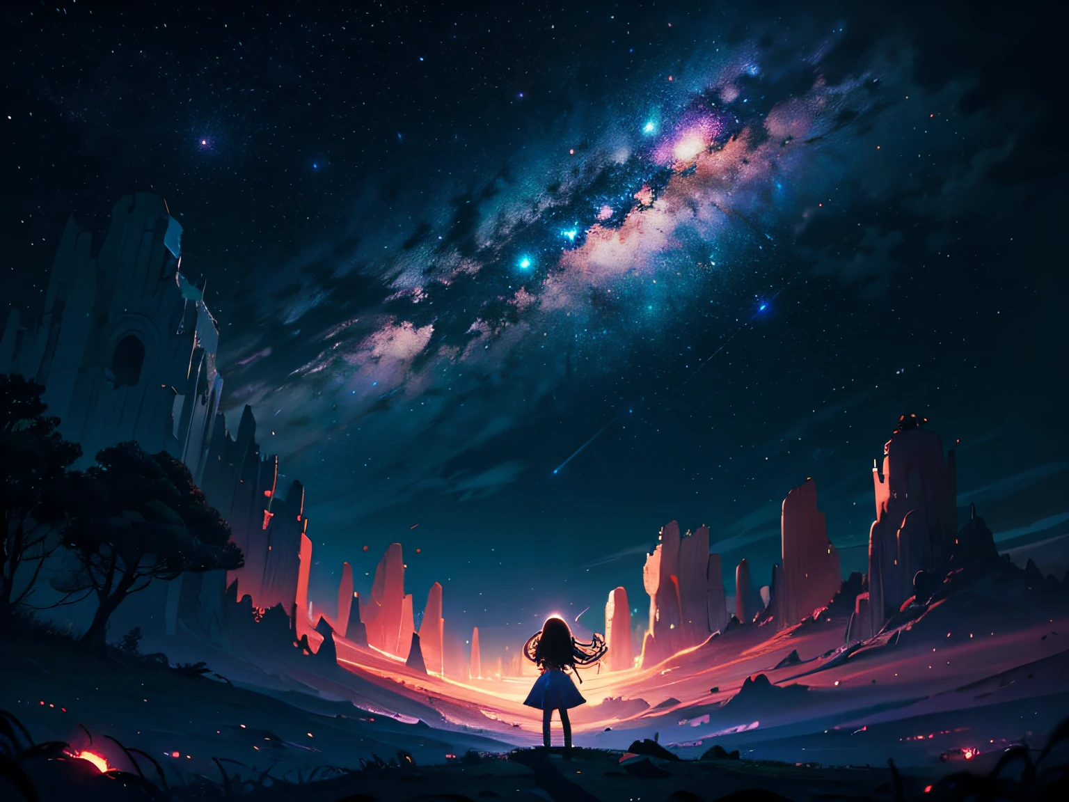 4K Landscape, Beautiful stars on the background, Looks like a dream, A sky that looks very beautiful, Hyper-Resolution, Perfect Lighting, Dark space, space photo, Extremely beautiful, Fantasy World, girl staring at the sky, dark ambiance, Perfect color grading, Planet in the Sky, Worlds collide