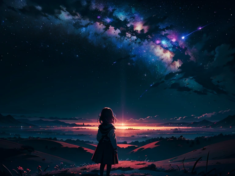 4K Landscape, Beautiful stars on the background, Looks like a dream, The sky looks very beautiful, Hyper-Resolution, Perfect Lighting, Dark space, space photo, Extremely beautiful, Fantasy World,  girl staring at the sky, dark ambiance, Perfect color grading, planets in the sky, Worlds collide