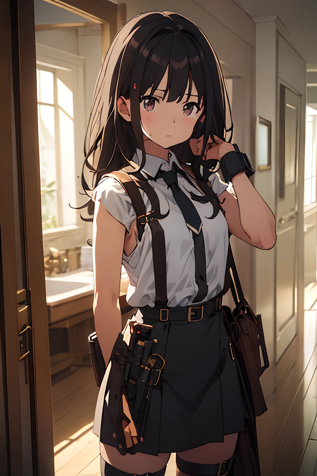 ​masterpiece、flat-colors、depth of fields、lens flare 1 girl、、Brown hair、watching at viewers　　　black suspenders　　　large full breasts　　　 　 Armpit sweat　perspiring　Side of both hands　　walls: 　Black miniskirt　garters　　　　　　Gaze　　　Small face　Bangs Upper Eyes　flank　　　　holster　　Belt Armament　Beautuful Women