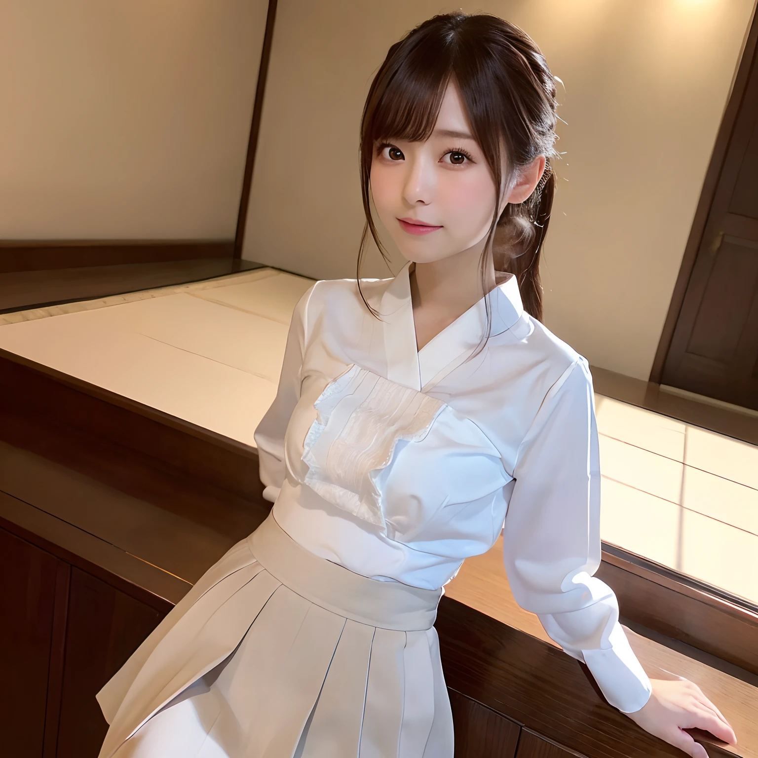 full body Esbian、masutepiece, 2girls, best qualtiy, Ultra Detail, (shiny), (Small)、with blush cheeks, Ray tracing,Perfect Lighting, (milky skin:1.2),reflection,  up looking_で_viewer, blush, yellow_Eyes, Japan's cutest 28-year-old beautiful girl、Small ribbons in the hair、(Hyper-realistic), (a picture), (High resolution), (in 8K), (detaileds), (Best Illustration), (Beautiful detailed eyes), (beautifull detailed face), (top-quality), (Ultra-detailed), (masutepiece), (wall-paper), (extra detailed face), (Black Long Hair),  (Solo), (A detailed eye, thin cheeks, shinny skin, shiny lip, lighting on the face), (Standing:1.2),  (Exposed thin thighs), (Slim waist), (Smile),  (all-fours、Dynamic、embarassed face、from the rear:1.5)、Red ribbons、((((Girl in Red Priestess Uniform、Short Hakama、Kamimei、Precincts of the shrine、A smile、Dead leaves flutter)))),(((((NSFW、Thighs exposed、lower chest exposed)))))