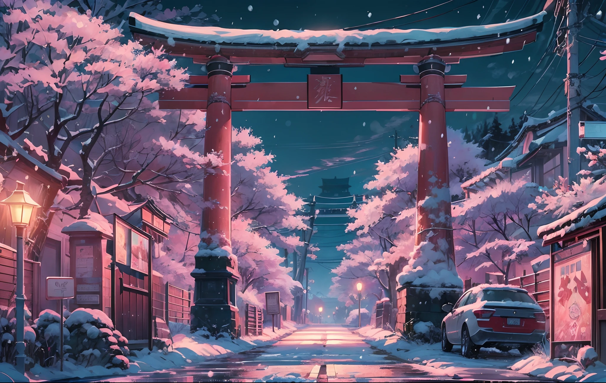 masterpiece, concept art, wide shot, panoramic, (a street full of graffiti at night with a torii gate in the distance), (winter), snowy, a detailed matte painting, by Makoto Shinkai, widescreen shot, driveway, sakura trees-lined path, miyazaki's animated film, endless night, sakura trees along street, art for the film in color, detailed digital anime art, (epic composition, epic proportion), HD