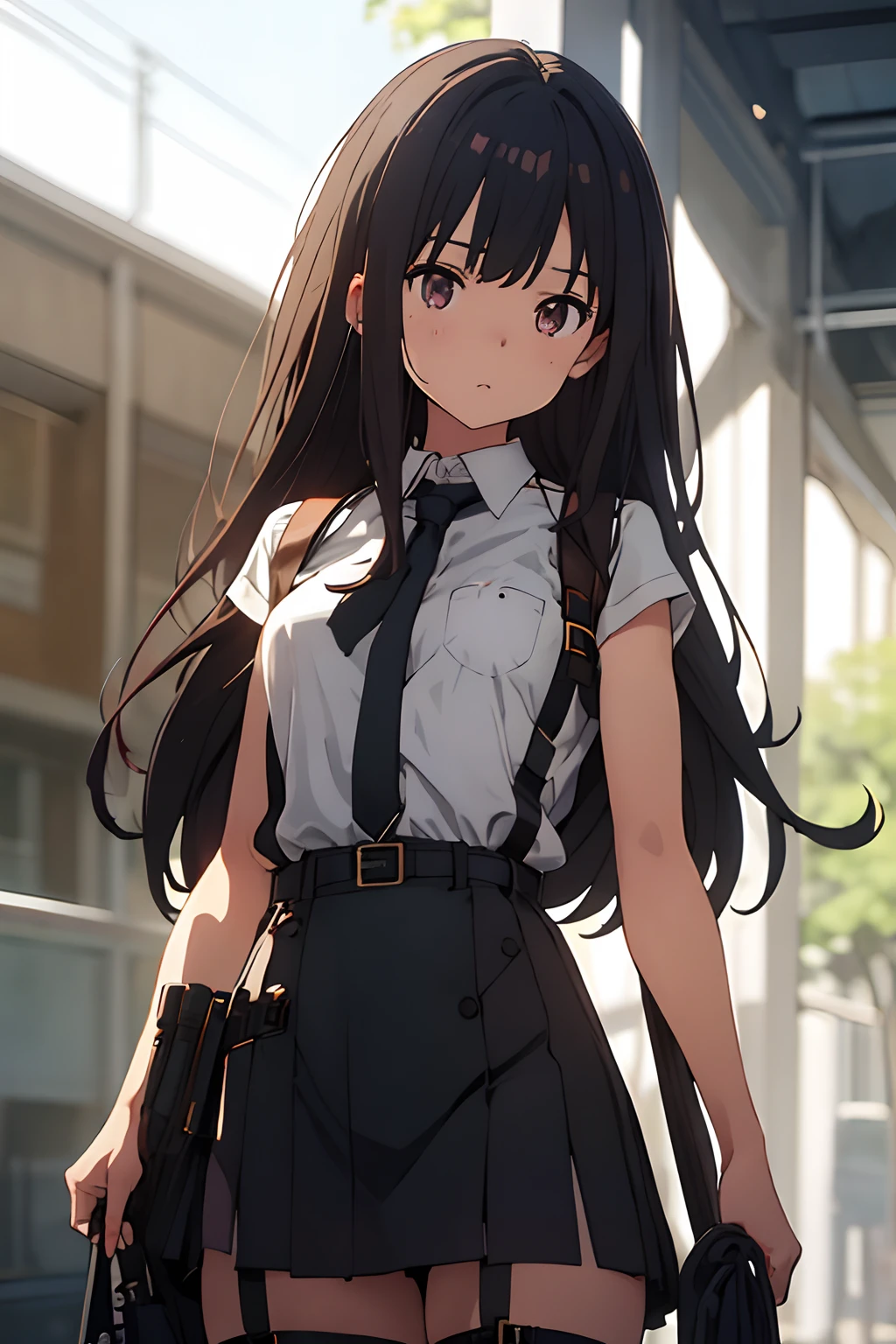 ​masterpiece、flat-colors、depth of fields、lens flare 1 girl、、Brown hair、watching at viewers　　　black suspenders　　　large full breasts　　　 　 Armpit sweat　perspiring　Side of both hands　　walls: 　Black miniskirt　garters　　　　　　Gaze　　　Small face　Bangs Upper Eyes　flank　　　　holster　　Belt Armament　Beautuful Women