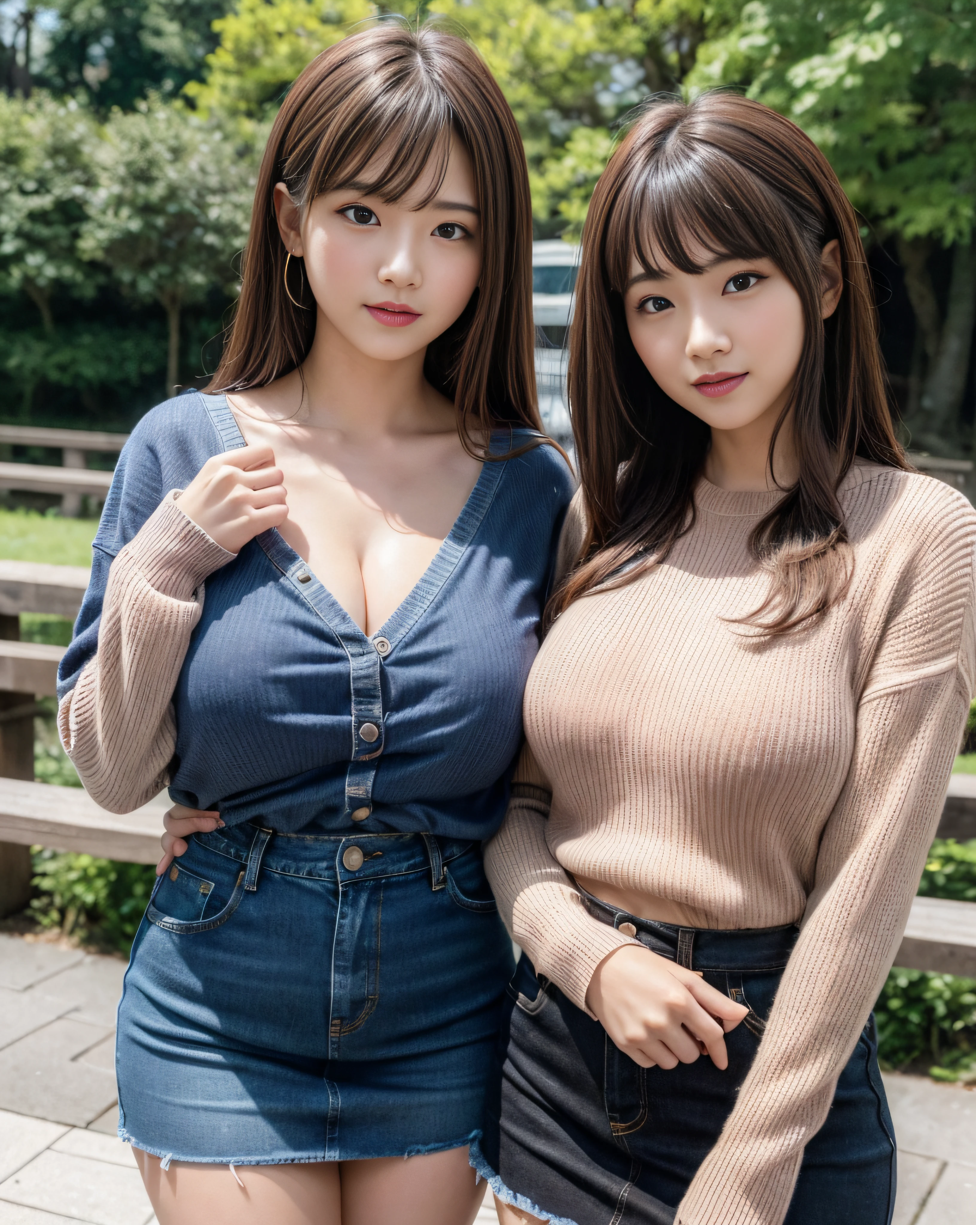 masutepiece, Best Quality, Photorealsitic, finely detail, hight resolution, 8K Wallpapers, Beautiful detailed eyes, One lady、20yr old、Long Wave Brown Hair、large full breasts, 、(Poses that emphasize slouching or chest)、(Tight-fitting light pink sweater)、(Tight denim skirt)、(Breast bulge 1.3)、cute smile face、Kamimei、open open mouth、The tip of the tongue is visible、seductiv、(Drooping eyes 1.4)、Adult beauty、Staring at the person taking the photo、on the park