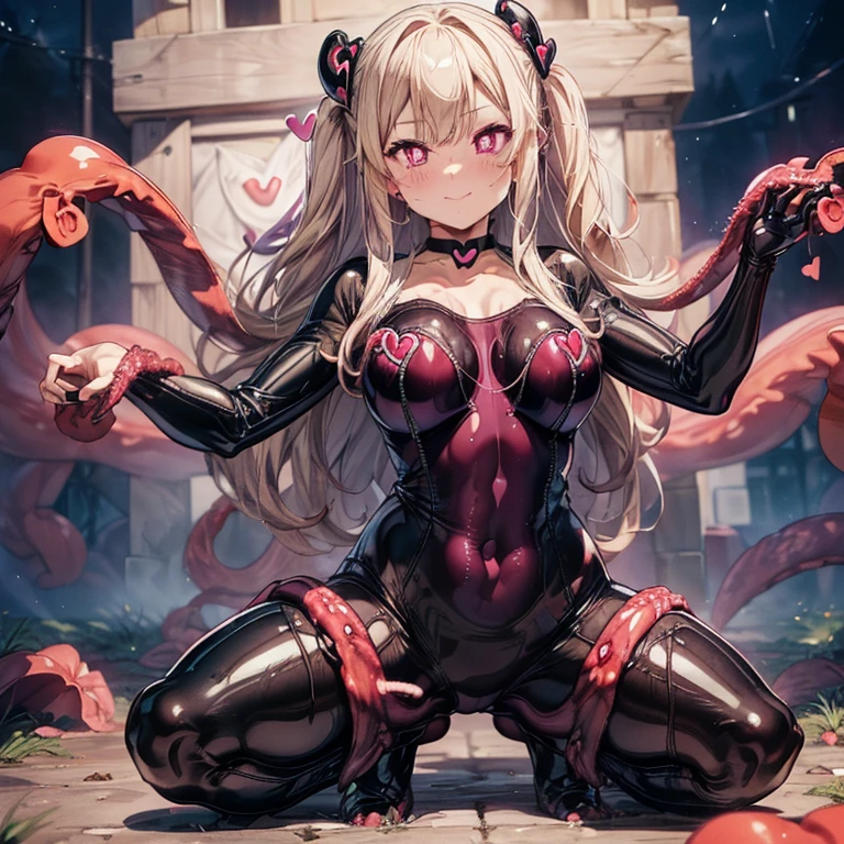 top quality, (Masterpiece: 1.3), (Maximum resolution: 1.2), (Ultra HDTV: 1.2), Cinema light, Ultra HDTV, (Detailed eyes and skin), (Detailed facial features), HDR, 8k resolution, Sharp Focus: 1.2, ((squatting, wrapped with tentacles : 1.4)), (wearing tentacle bodysuit :1.6), (tentacles are purple.1.8), (dynamic angle: 1.8), (dynamic pose:1.8), Perfect style, beautiful face, accurate, anatomically correct, highly detailed face and skin texture, detailed eyes, blue eyes, double eyelids, thin eyebrows, glitter eyeliner: 1.2, natural cheeks, glossy skin, fair skin: 1.2, (glossy lips: 1.4), (heart shaped pupils:1.8), (big black learher choker:1.6), BREAK first-person-view, ((Wearing tentacle bodysuit :1.6)), (it consists of tentacle string panty, tentacle string tops, baring navel, multiple window:1.8 ), (latex and tentacle fabric:1.6), (smiling full of ecstasy :1.2), (smiling full of love:1.2), (she is coming:1.8) ,innocent and Cute girl, ( shiny blonde hair), ( extra long hair, bang style:1.6),(wavy tying up style), BREAK (full body shot: 1.2), (focus on her lower body ), (medium large breasts:1.2), (((at night, at the Execution stand in castle town : 1.2)), (surrounded with a gigantic purple monster, having numerous tentacles: 1.8)