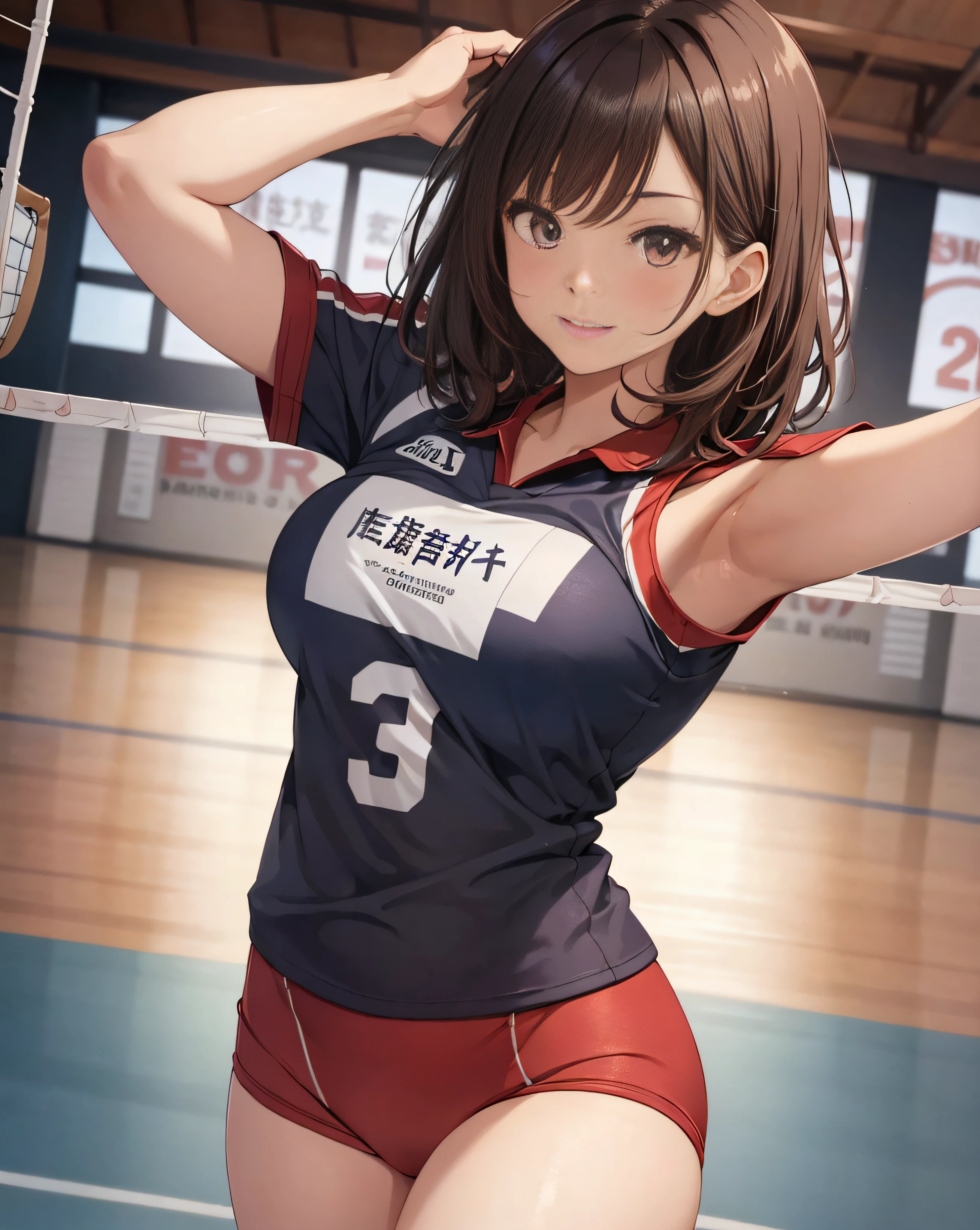 masutepiece、Best Quality、ultra-detailliert、hight resolution、8K Wallpapers、Perfect dynamic composition,、Beautiful detailed eyes、(Volleyball uniform:1.3)、Dark brown wavy hair、Shorthair、Big breasts、Soft breasts、Pinch your chest with your arms、Leaning forward to emphasize the chest、Natural Color Lip、Bold sexy poses、cute smile face、20 years girl、Sexy shot looking at camera、Volleyball Court