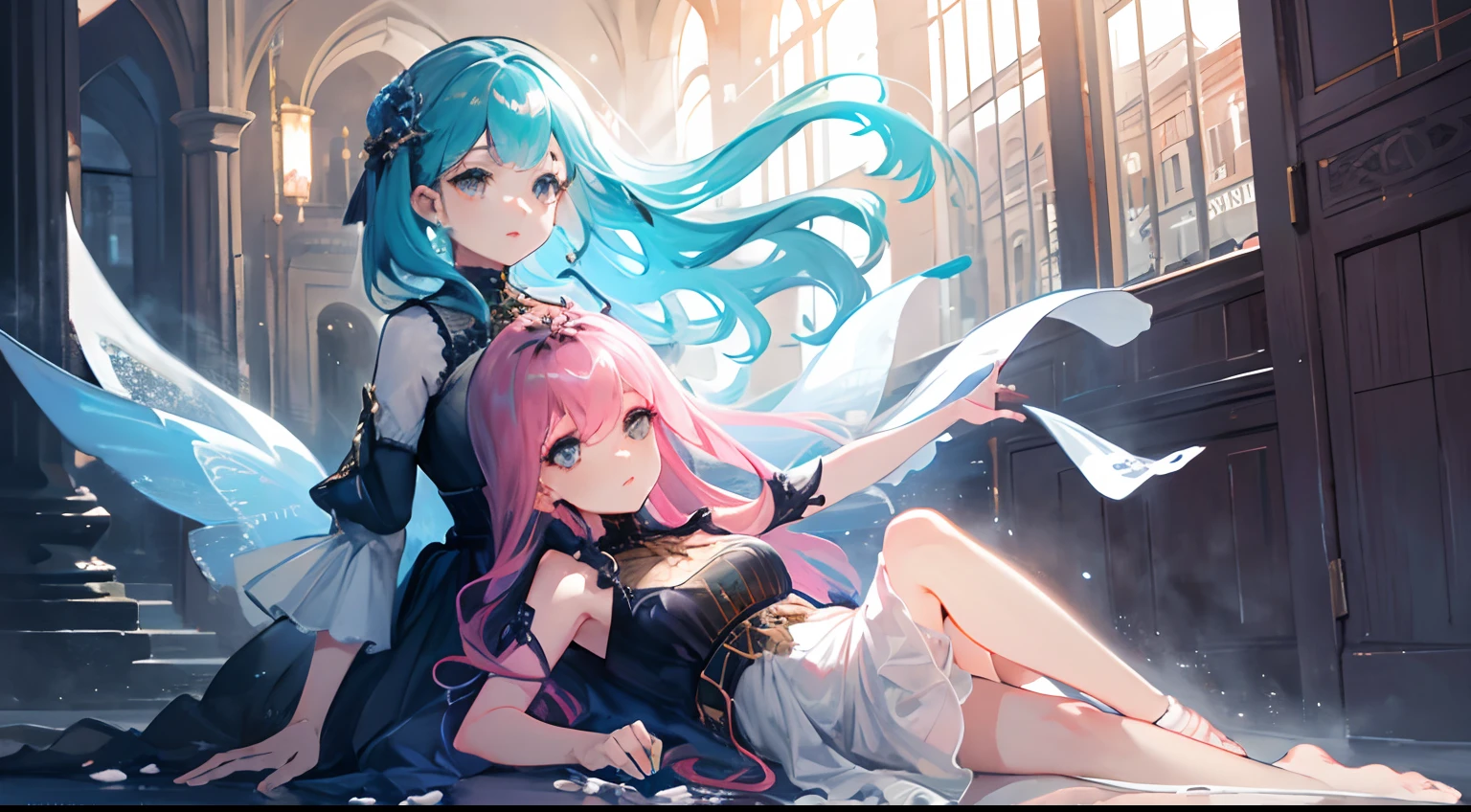 2girls, full body, beautiful detailed eyes, beautiful detailed lips, extremely detailed eyes and face, long eyelashes, oil painting, vibrant colors, old stone city, flowing dress, graceful pose, soft light, ethereal atmosphere, high-res, artistic style.