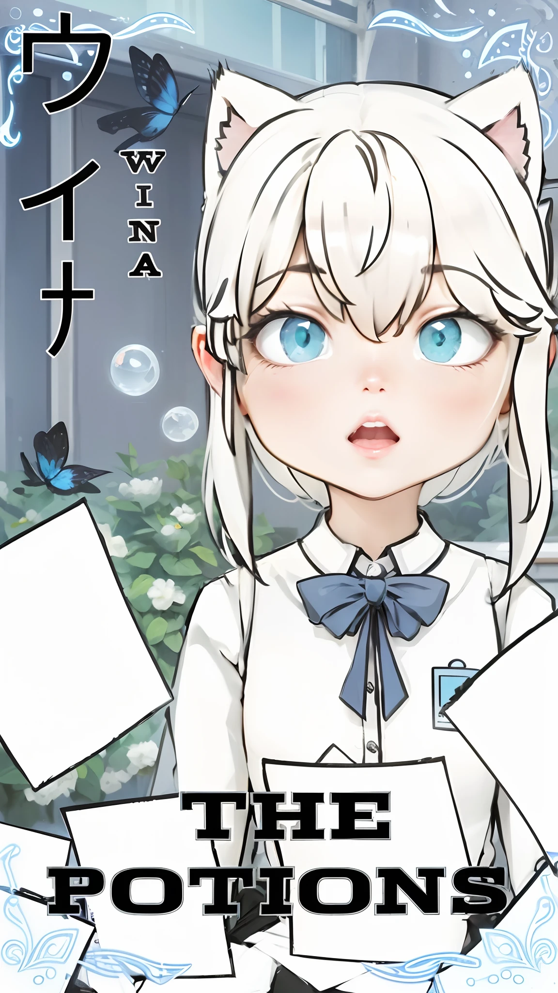 hightquality、top-quality、masterpiece、8K、A hyper-realistic、Ridiculous、1 girl in、Perfect cute girl、cute little、s Office、Business suits、pencil skirts、red blush、poneyTail、mideum breasts、Clear skin、High transparency、(Slender and beautiful girl)、(Glossy)、sitting on、(Fluffy breasts、Cheating skirt:1.2)、Has cat ears and tail, has white hair