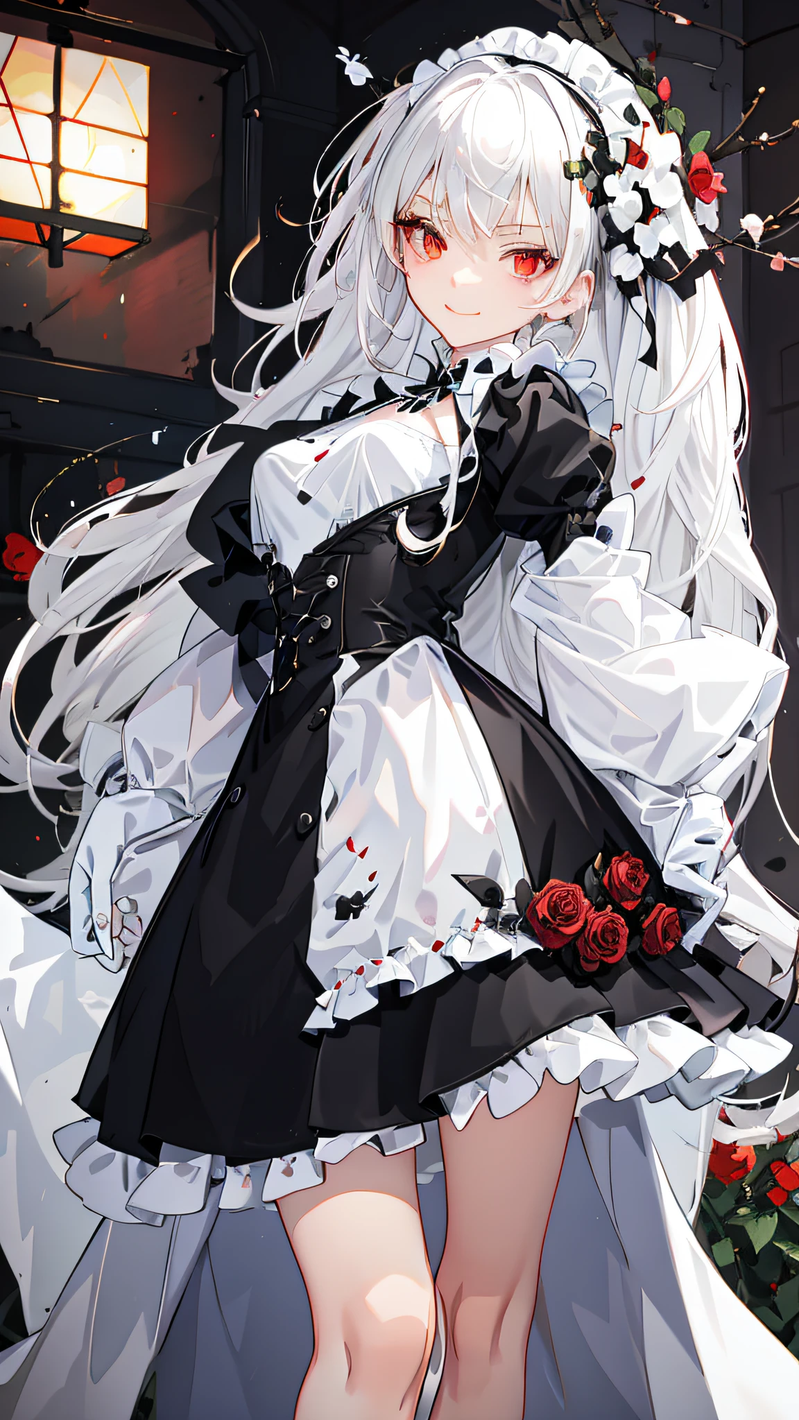 Anime girl in black and white dress，There are flowers in the hair, Guweiz in Pixiv ArtStation, guweiz on artstation pixiv, **** in dress, Cute anime waifu in a nice dress, anime girls in maid costumes, Trending on ArtStation pixiv, anime girl wearing a black dress, Anime art wallpaper 8k, maid clothes