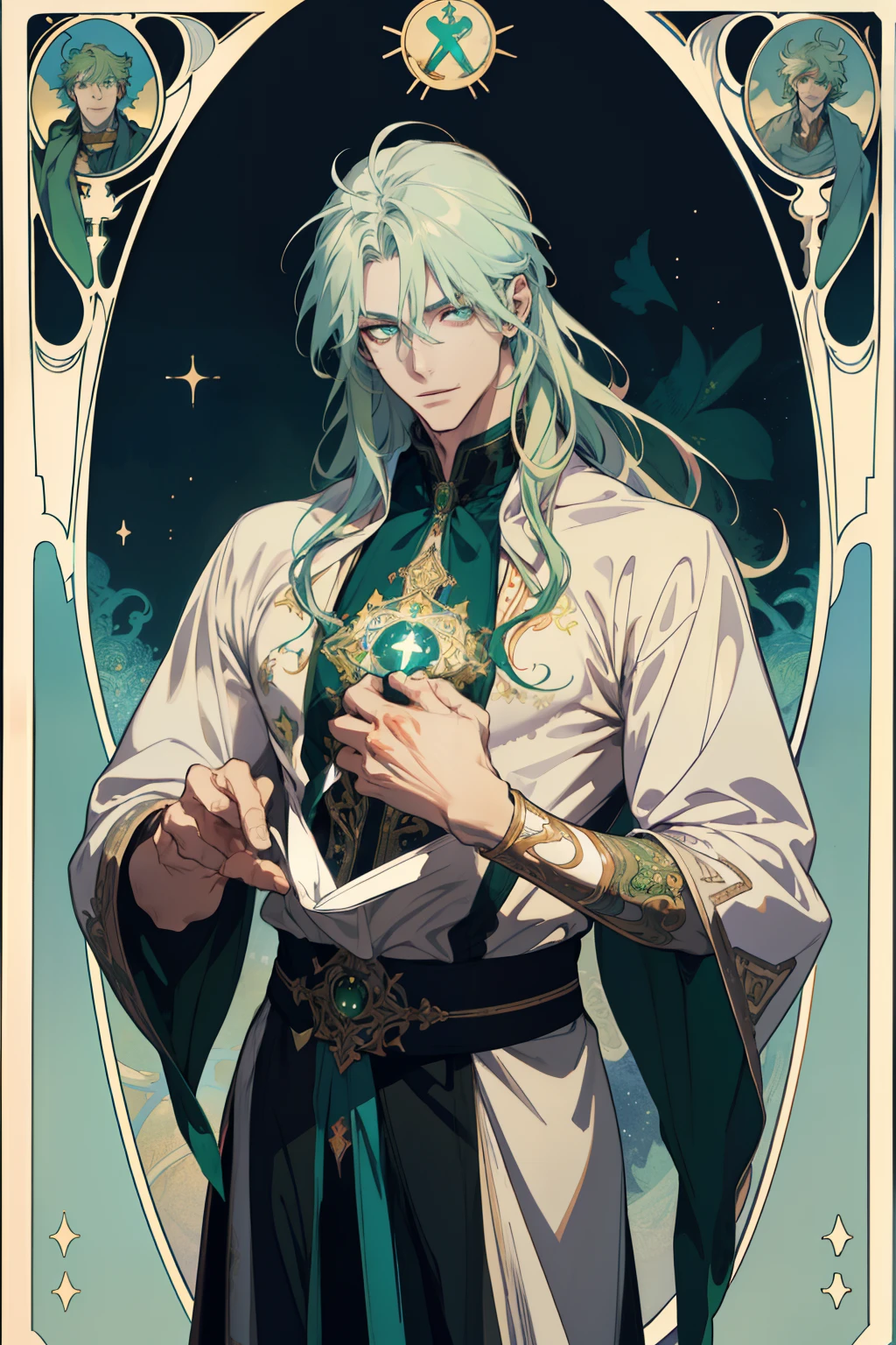 (absurdress, hight resolution, overdetalization), 1 male, grown up, cutest, tall muscular guy, wide shoulders, Detailed eyes and detailed face, beating magic, green light, (Masterpiece, Side light, Fine Beautiful Eyes: 1.2), HDR, (glowing green eyes)), (glowing tattoo), Handsome long-haired man, white colored hair, musculature, sexuality, passion, A slight smile on her lips, Sateen, a handsome, facing the camera, Masterpiece fool \tarot\, bard, clown, Symbolism, visual art, occultism, Universal, Vision Casting, Philosophical, Iconography, Divination by numbers, Popularity, an artistic, by Alphonse Mucha
