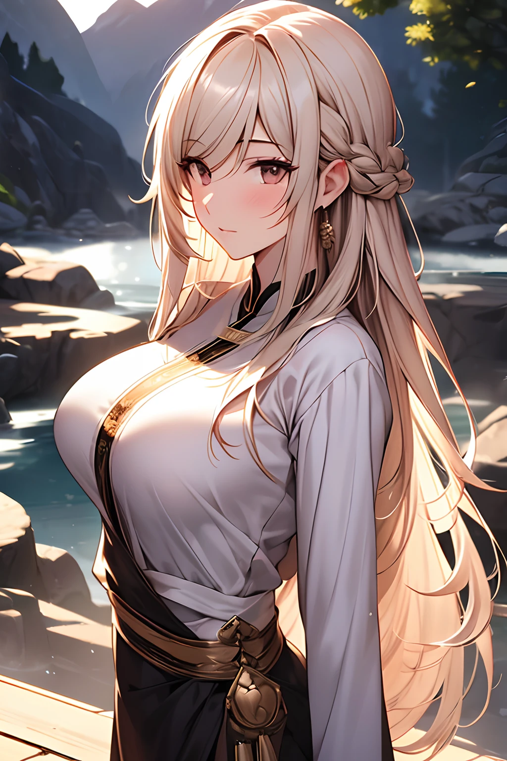 ((very detailed CG)), ((8k)), hot spring, a girl, solo, beautiful face, very long hair, unparalleled masterpiece, exquisite CG render, Upper body,Big breasts, big tits,Best quality, masterpiece, ultra high res, (real person,fashion photography portrait,photograph), (cowboy shot), deep shadow, low key ,,,,, ,(pureerosface_v1:0.5), chang, glowing, dish hair, light master,long sleeves,qingsha