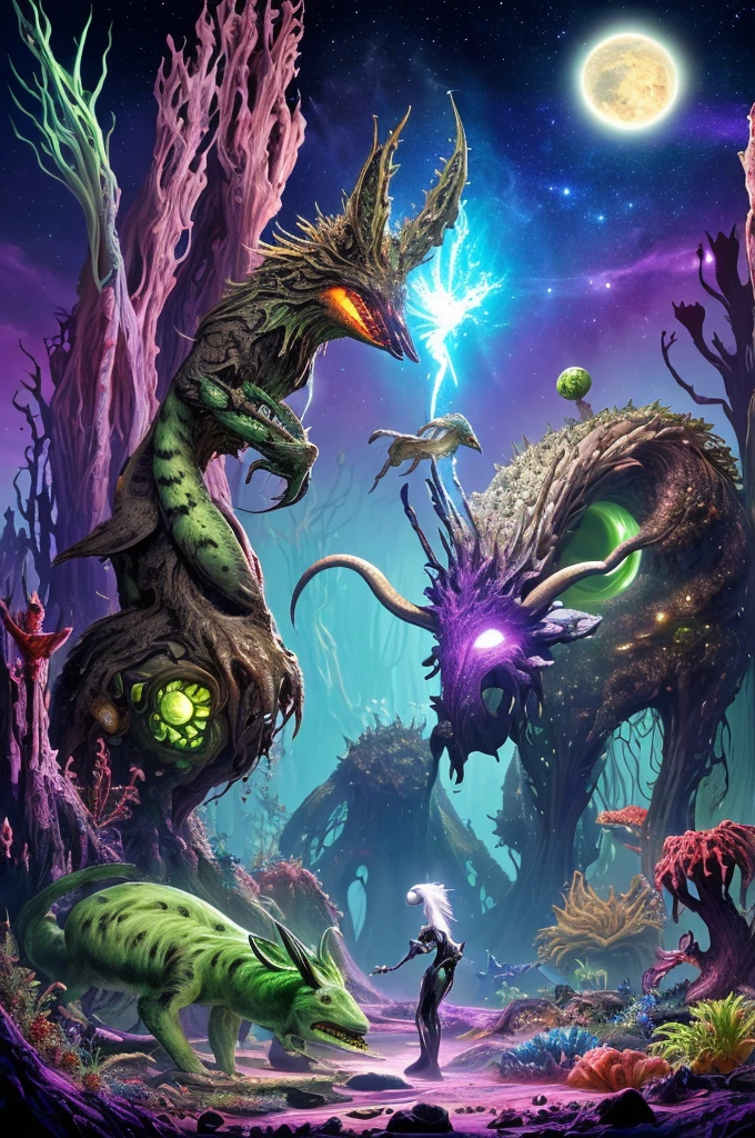 1. Things: Luminous plants, peculiar and diverse creatures, an otherworldly landscape extending, forming an unknown ecosystem. 2. Location: Spread across a planet beyond the Milky Way, an unknown habitat filled with luminous plants and peculiar creatures. 3. Condition: Plants emitting a variety of radiant colors, coexisting with bizarre forms of otherworldly creatures. The habitat is brimming with vitality, surrounded by a mysterious ambiance. 4. Theme Style: Fantastical and scientific, themed around unknown life, expressed through digital art emphasizing light and color.
