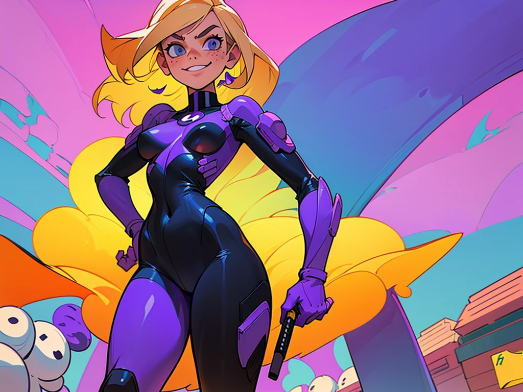 a drawing, (2D illustration 1.6), (2D gouache illustration 1.6), (cartoon 1.8), (cel shaded 1.6), (flat shading 2), 1girl, complex background, looking at viewer, (wide hips 1.5), thick thighs, thin, slender, long hair, city street, complex background, busy street, lips, eyes open, (perky breasts 1.5), [small breasts], (pasties 3), (topless), freckles, blonde, smug, (domino mask 1.5), purple and black bodysuit, (combat boots), (purple clothes 1.3), black striped clothes, smiling