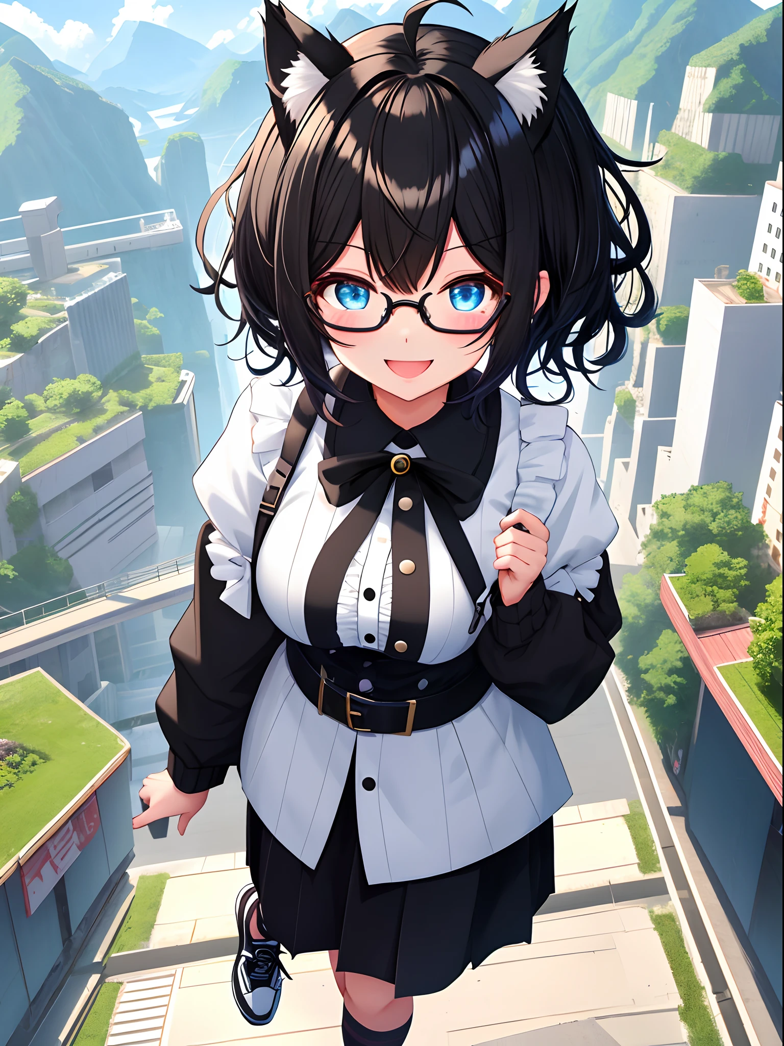 1girl in, Open mouth, Smile, Virtual Youtuber、girl with、((Best Quality, high_resolution, Distinct_image)),(Black hair), (Black cat ears), (Ahoge),((absurdly short hair)) ((Twin-tailed hair)), (Wavy Hair), (Blue eyes),、A smile、,(wearing shoes on feet)、((View Viewer))。((View of the valley))huge tit、bespectacled、
