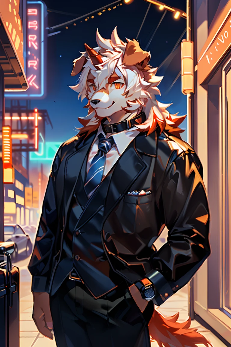 (by Hioshiru, by null-ghost, By personalami, by Honovy, by thebigslick, author：Feinhertz), Male, Solo, domestic dog, horn, floppy ears, clawed paws,  Smile, Neon lights，in an office building，Masterpiece, Best quality, offcial art, Extremely detailed Cg Unity 8K wallpaper, Ultra-detailed, Best Illustration, Best shadow, Perfect lighting, pegging (/arknight/), White fur, Furry male, Dog boy, Furry, Two-tone fur, 1boys, multicolored hair, Male focus, Horns, Striped hair, Dog ears, Animal ears, single horn, Brown fur, bangs, Orange hair, White hair, Medium hair, Orange eyes, Solo,Black pupils，In black suit，Black trousers，White color blouse，Plaid tie，full bodyesbian，leather shoes，A collar is worn around his neck，Wrist watch，briefcase，Coffee in hand