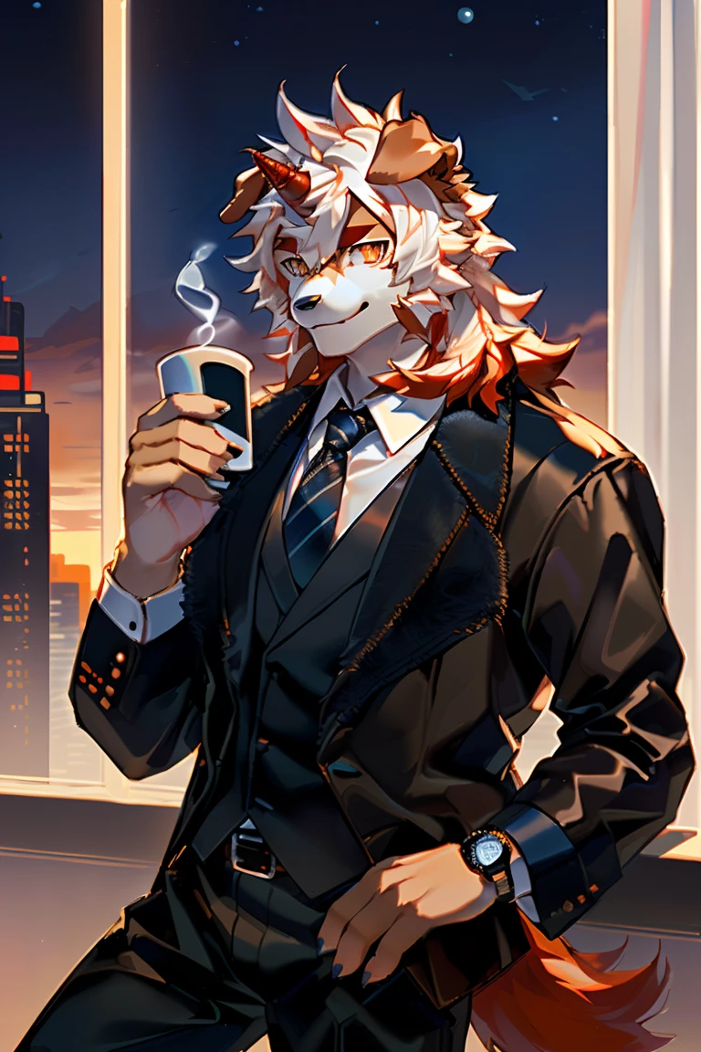 (by Hioshiru, by null-ghost, By personalami, by Honovy, by thebigslick, author:Feinhertz), Male, Solo, domestic dog, horn, floppy ears, clawed paws, Smile, Neon lights,in an office building,Masterpiece, Best quality, offcial art, Extremely detailed Cg Unity 8K wallpaper, Ultra-detailed, Best Illustration, Best shadow, Perfect lighting, pegging (/arknight/), White fur, Furry male, Dog boy, Furry, Two-tone fur, 1boys, multicolored hair, Male focus, Horns, Striped hair, Dog ears, Animal ears, single horn, Brown fur, bangs, Orange hair, White hair, Medium hair, Orange eyes, Solo,Black pupils,In black suit,Black trousers,White color blouse,Plaid tie,full bodyesbian,leather shoes,A collar is worn around his neck,Wrist watch,briefcase,Coffee in hand