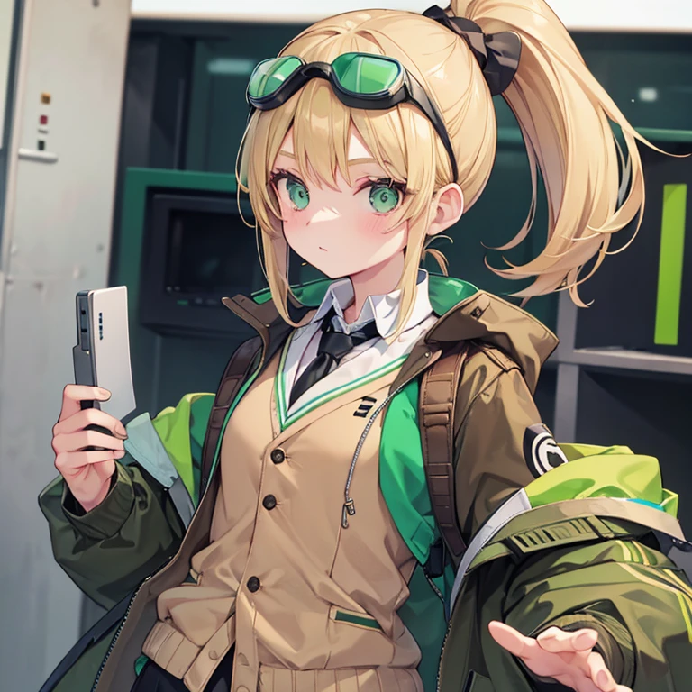 Front shot: blonde high ponytail hair, brown thick cotton jacket, top goggles, green headphones, green bandeau vest, black super shorts