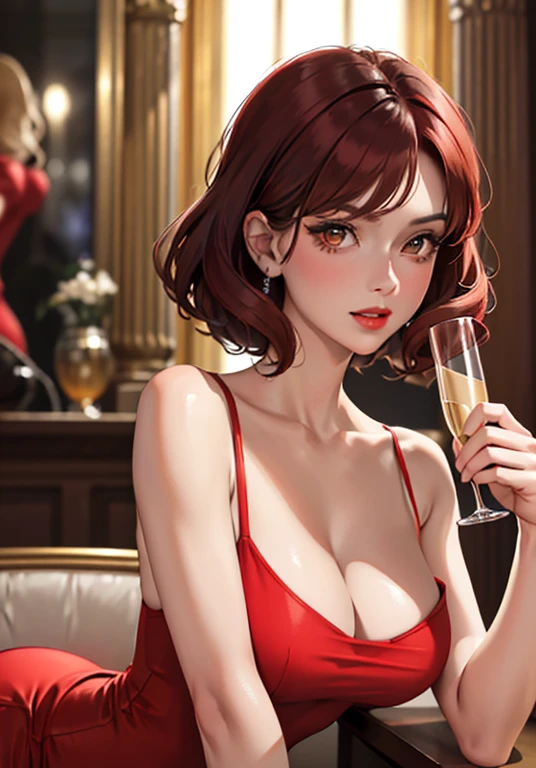 (masterpiece:1.2, best quality), (30 years old,solo, upper body:1.2), clothing: elegant red dress with long slit, big bust, golden eyes((sexy dress)), hair: short hair, gradient curls, makeup: red pouty lips, glowing skin, behavior: flirtatious, holding a glass of champagne location: fancy party